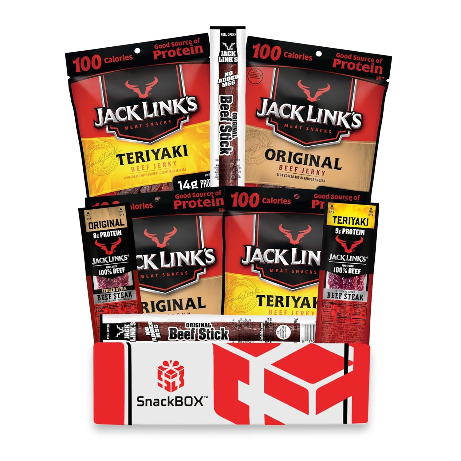 Jack Link's Beef Jerky SnackBOX Care Package Variety Pack | Gift Basket | Snack BOX (8 Items) Mothers Day, Final Exams, Graduation, Birthday, Date Night, College, Gift for Guys, Camping, Hunting and Much more!