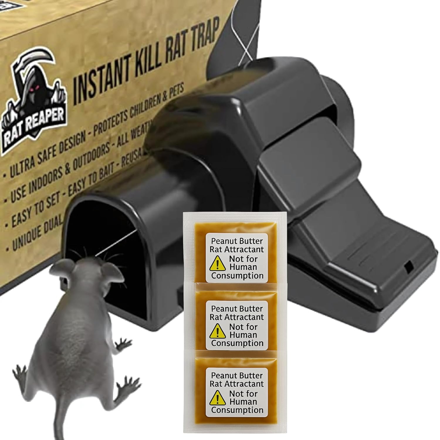Rat Reaper – Humane Rat Traps That Kill Instantly | Ready to Use with Peanut Butter Bait | For Outdoors Garden Garage | Dog & Pet Safe Rat Killer for Large UK Rats | Best Rat Traps for Indoors