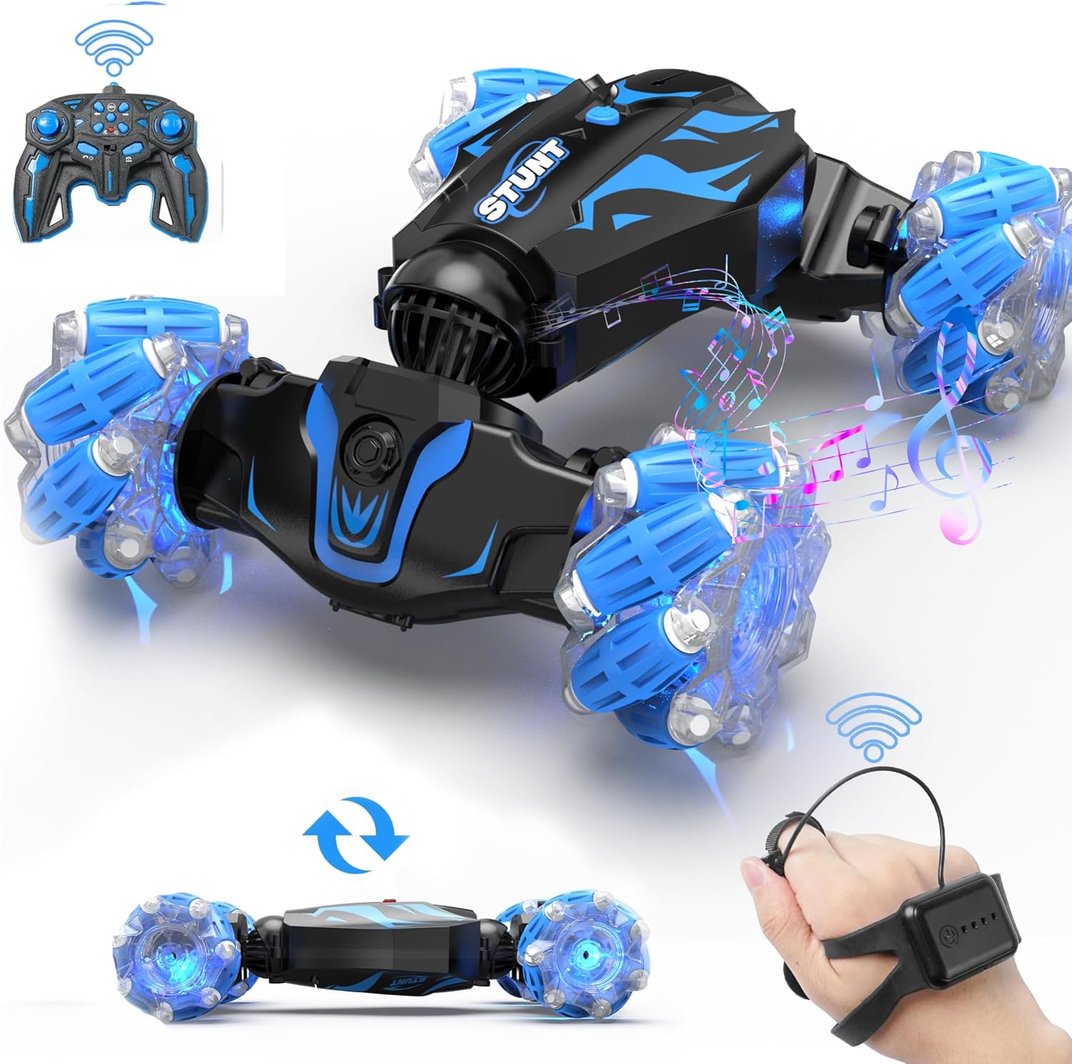 BEZGAR Remote Control Cars - Gesture RC Car with Lighting Sound & Smoke Effects, 2.4Ghz Hand Controlled Stunt Car for Kids, Rechargeable Toy Cars Birthday Gifts for Boys & Girls, Blue