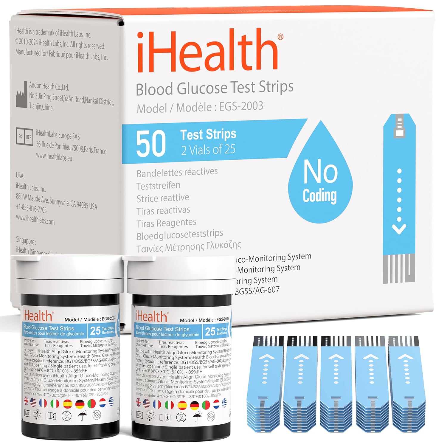 iHealth Blood Glucose Test Strips (50 Count), Blood Sugar Test, Eligible for FSA Reimbursement, Precision Sugar Measurement for Diabetics, Strips Work Only in iHealth Glucose Meters