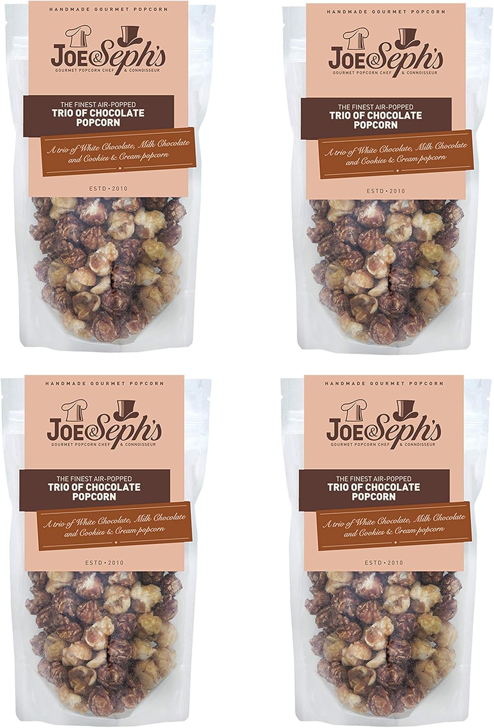 Joe & Seph's Trio of Chocolate Popcorn (4x80g), gourmet popcorn, air-popped popcorn, chocolate snack, sweet popcorn, movie night snacks, popcorn for a party