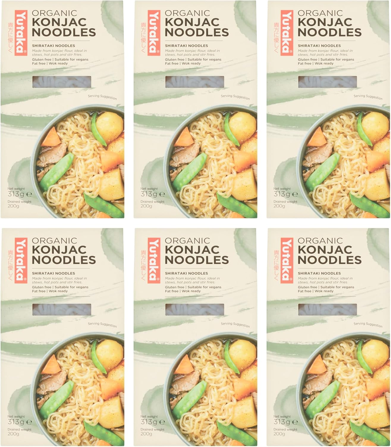 Yutaka - Organic Konjac Noodles 375g x 6 - Chinese Shirataki Noodles, Low-Calorie, Low-Carb - Made from Konjac Flour - Ideal for Stir-Fries, Soups, Salads, Stews & Hot Pots - Vegan & Gluten-Free