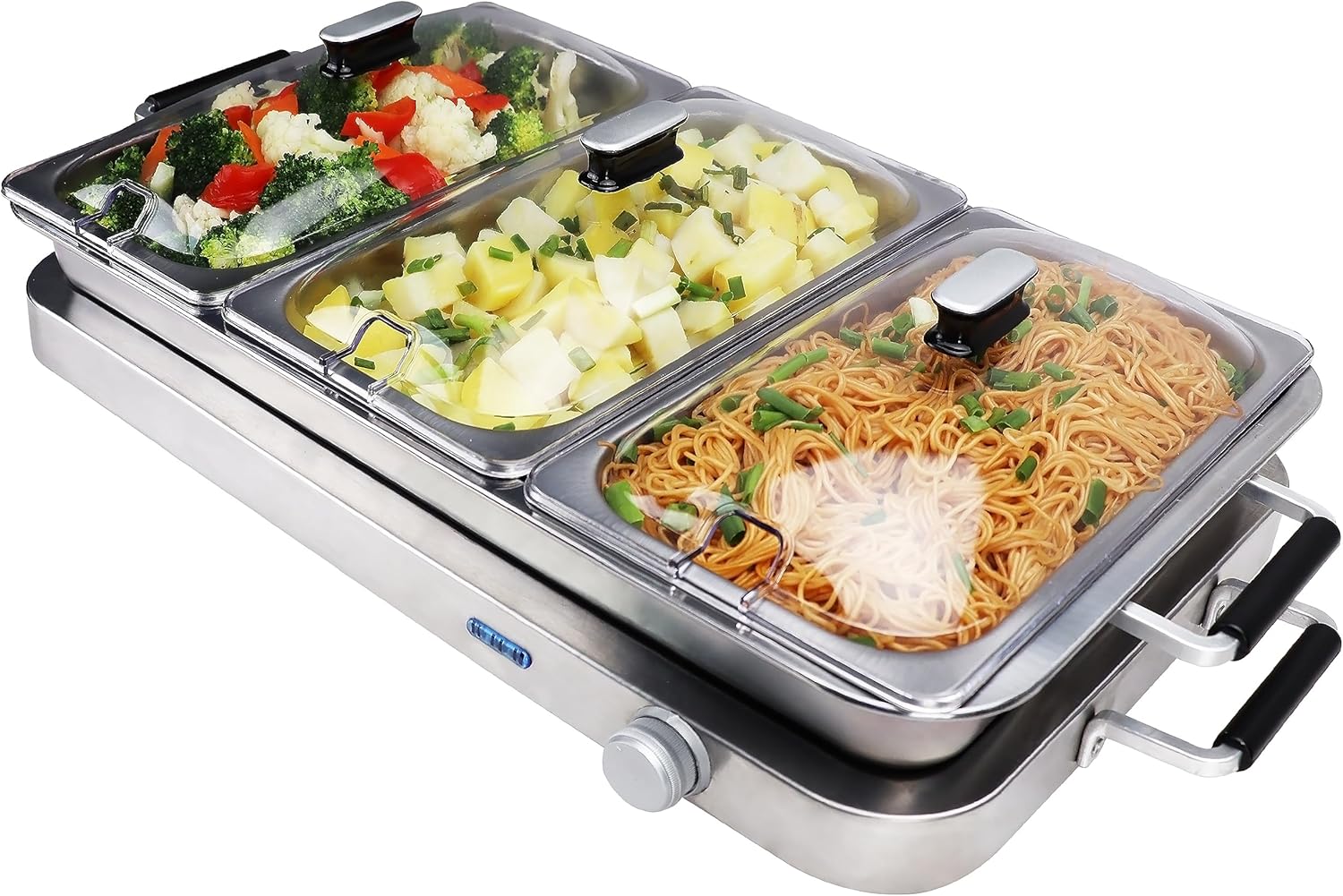Callow Large Stainless Steel Buffet Warmer - Warm Function, Stainless Steel Buffet Warmer, Hotplate, Food Warmer Server, 3 x 2.5L Large trays plus one Large Single Tray & 3 Serving Spoons Included