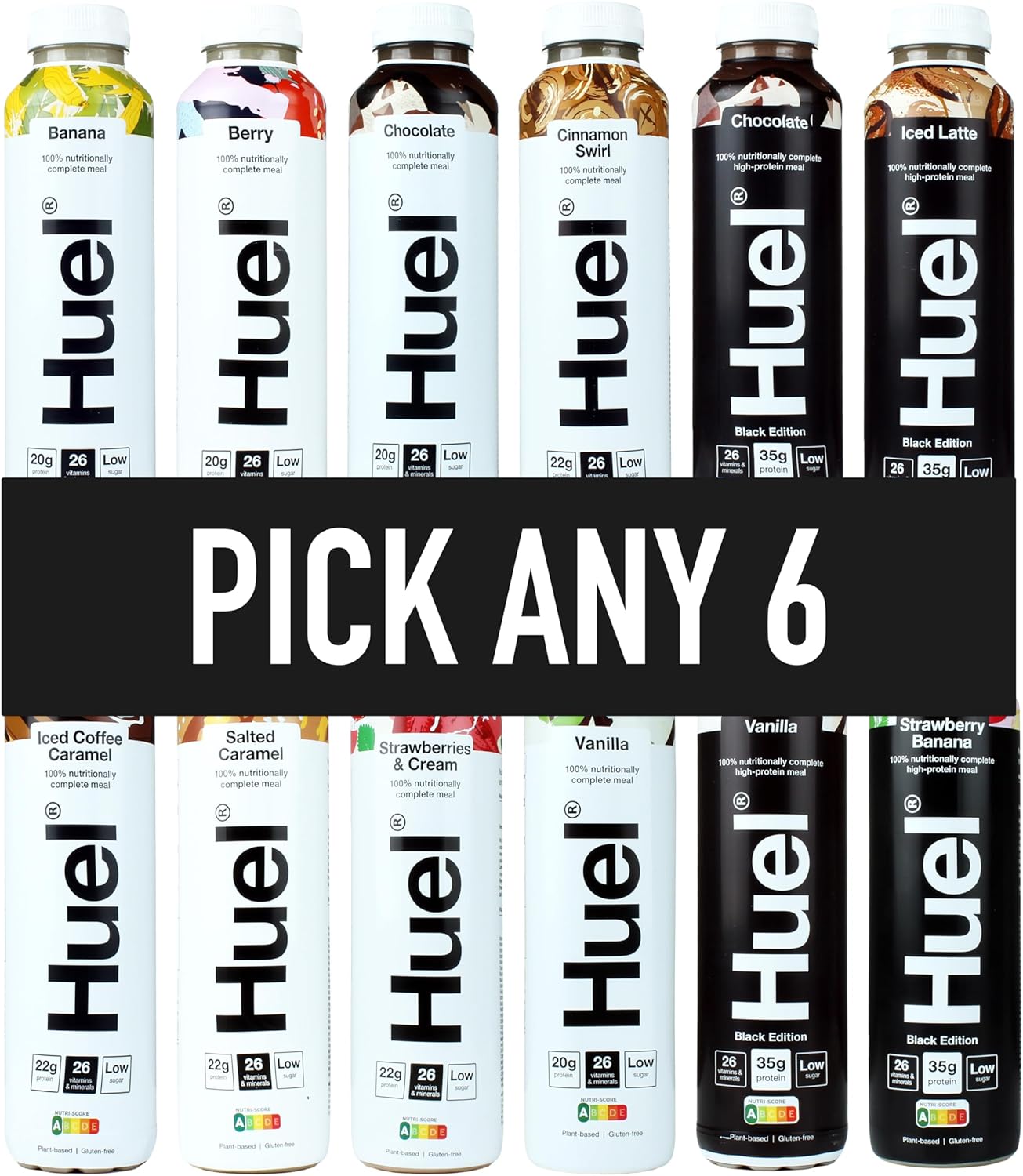 HUEL Ready-to Drink - 500ml - Pick any 6 Bottles - Choose from 10 Flavours - Banana, Berry, Chocolate, Cinnamon Swirl, Iced Coffee Caramel, Salted Caramel, Strawberries & Cream, Vanilla