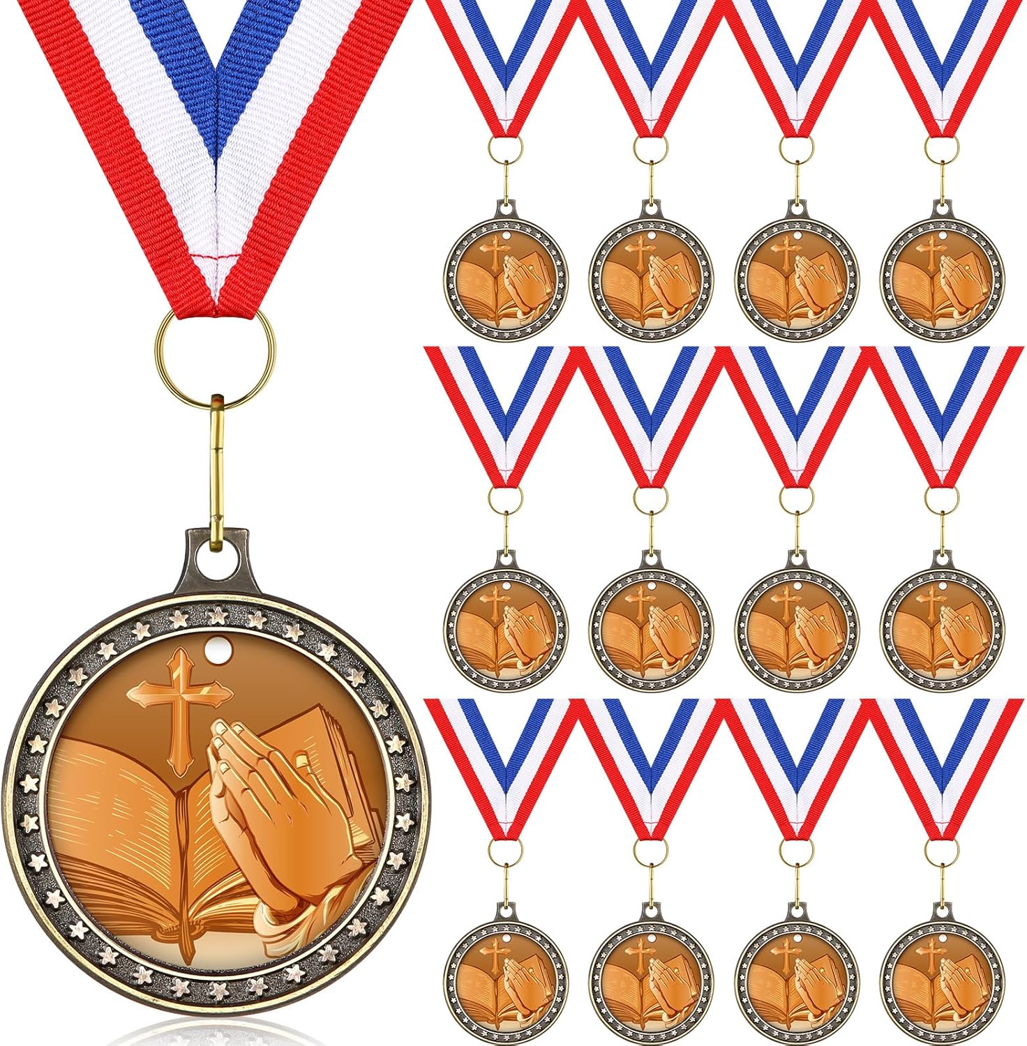 Libima 12 Pcs Religious Award Medals Cross Religious Medals with Neck Ribbons for Kids Trophy Prize Gift