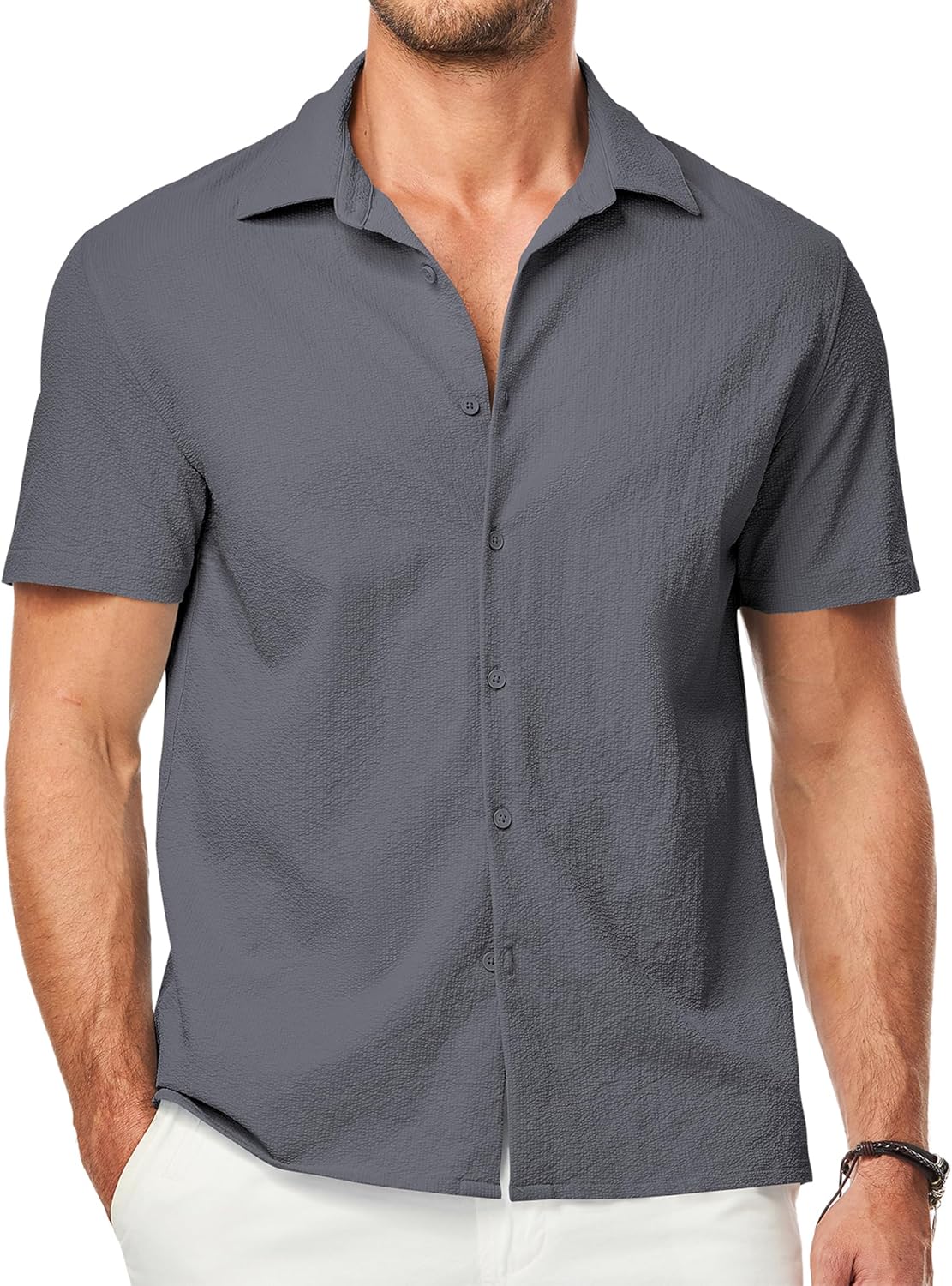 JMIERR Men's Seersucker Shirts Short Sleeve Casual Button Down Shirt Beach Summer Vacation Wedding Tops