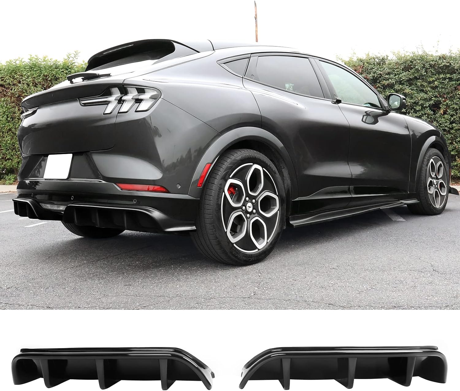 FREEMOTOR802 Compatible with 2021-2024 Ford Mustang Mach-E GT Rear Diffuser, Gloss Black PP Polypropylene IKON Style Rear Bumper Lip Diffuser Shark Fins Kit Lower Valance Lip Spoiler Canard