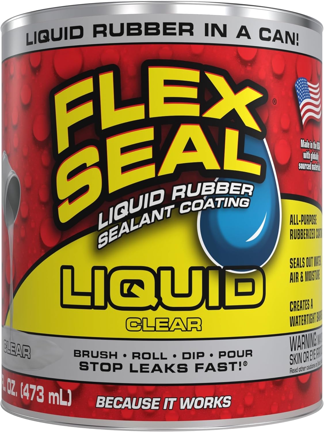 Flex Seal Liquid, Rubber Coating Sealant, Waterproof, Flexible, Breathable, and UV Resistant, Roof Repair, Basements, RV, Campers, Trailers, Marine, EPDM, Masonry, Clear, 16 oz