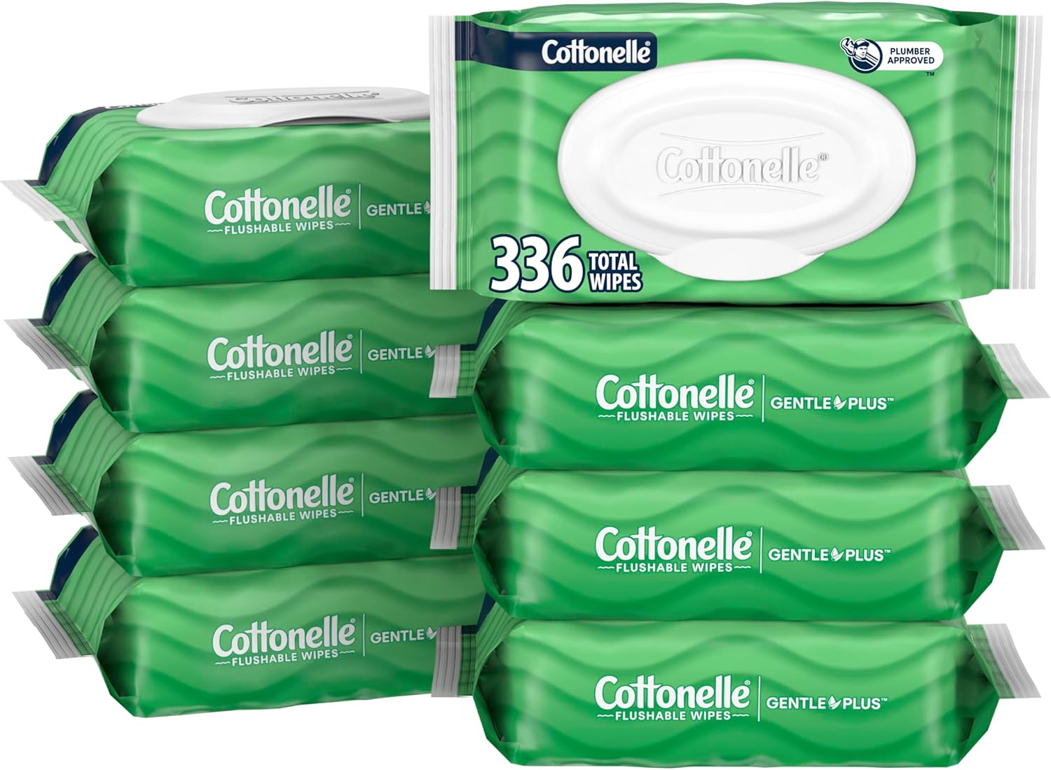 Cottonelle GentlePlus Flushable Wet Wipes with Aloe & Vitamin E, 8 Flip-Top Packs, 42 Wipes Per Pack (336 Total Wipes), Packaging May Vary