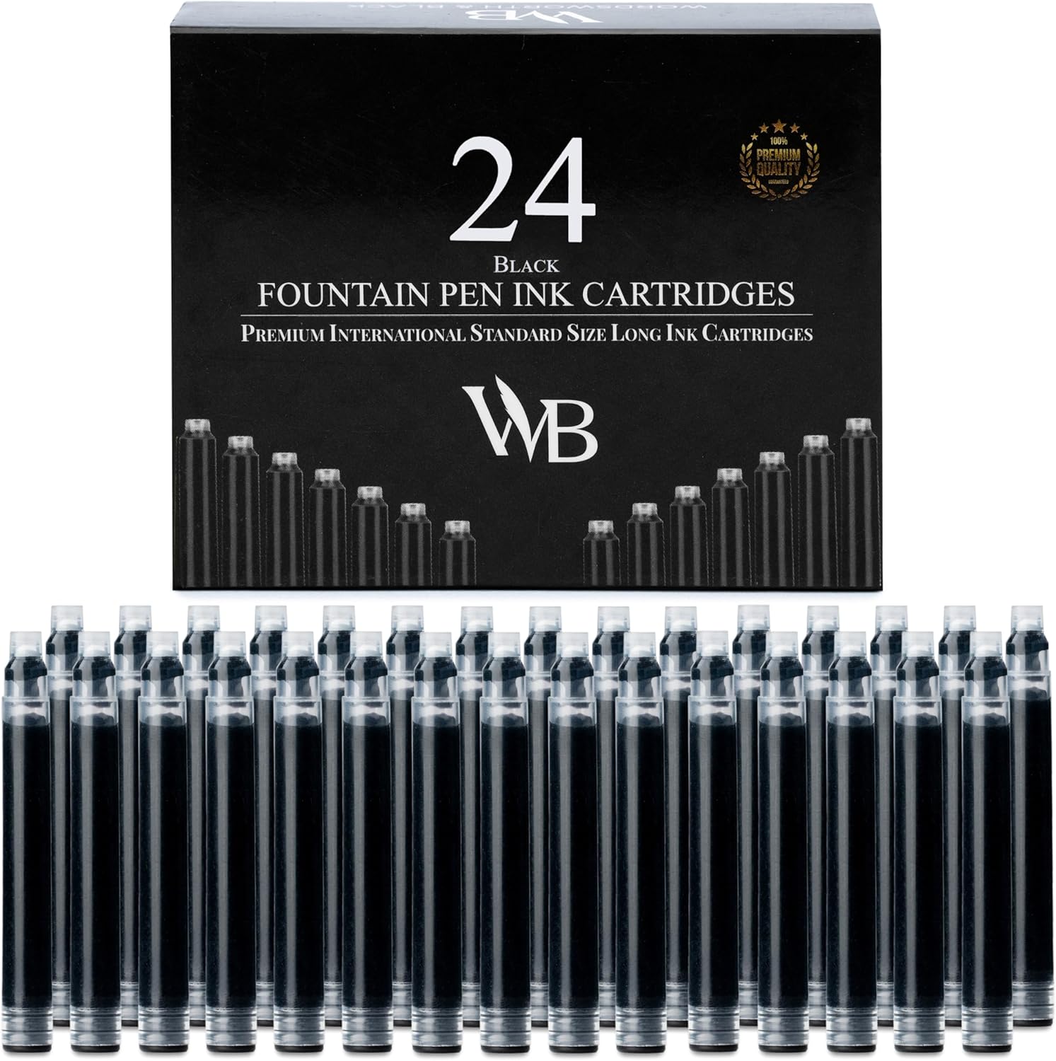 Wordsworth & Black 24 Pack Fountain Pen Ink Refills - Set of 24 Black Ink Cartridges - International Standard Long Size - Length APPR 2.3" - Base Diameter APPR 0.24" - Disposable and Generic