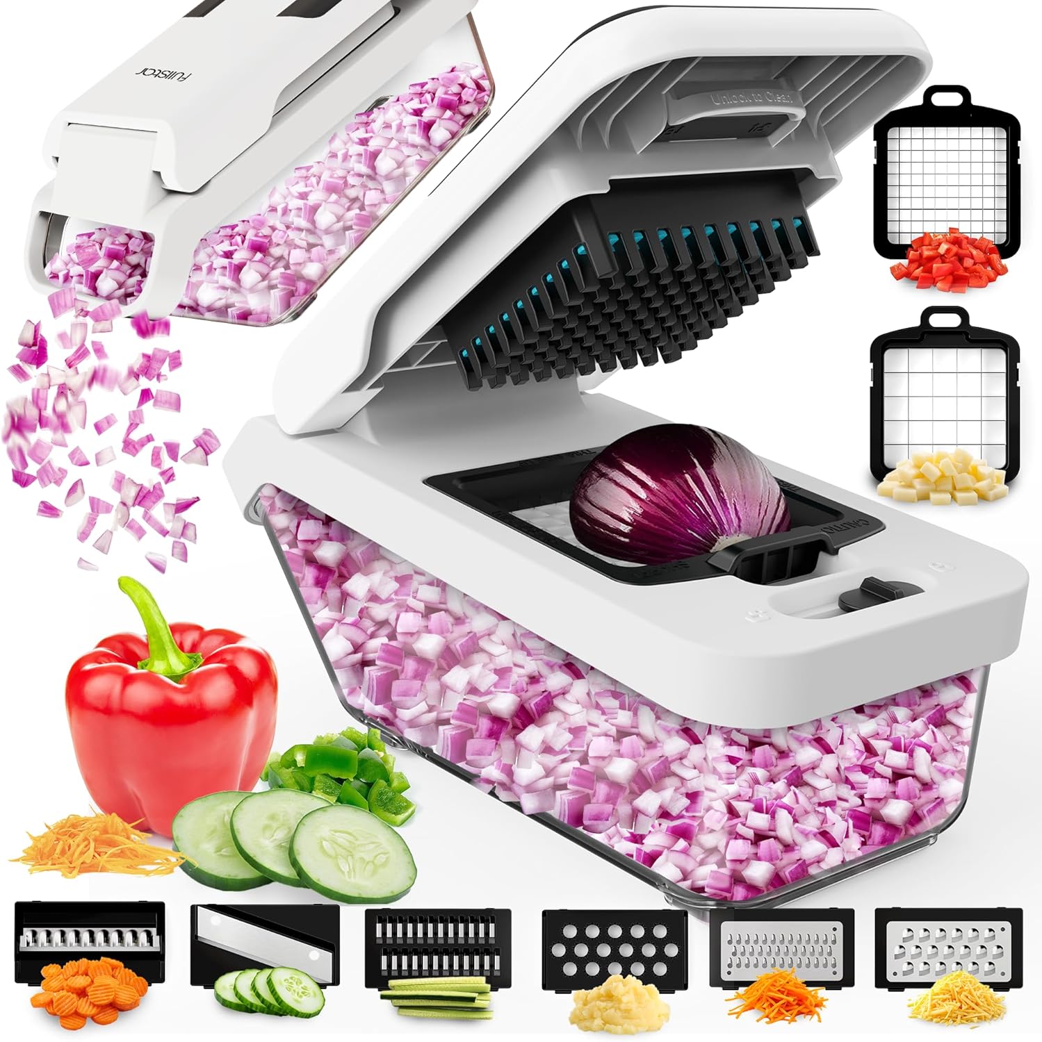 Fullstar Vegetable Chopper and Mandoline Slicer for Kitchen, Food Chopper with Container & Lid, Cheese Grater (8 in 1 - White)