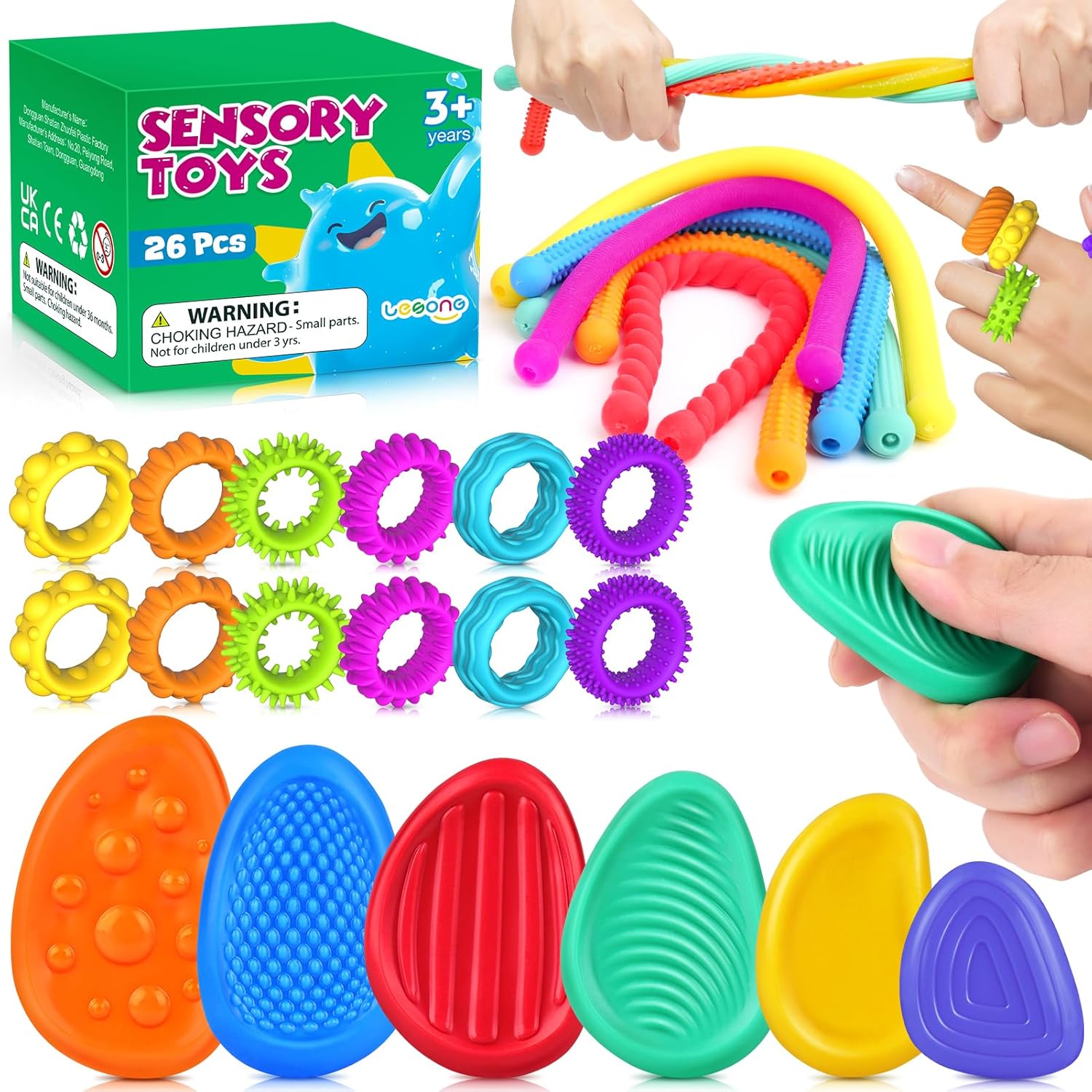 Fidget Sensory Toys for Kids: 26 Pack Quiet Squishy Fidgets for Classroom Students Prizes- Textured Soft Fidget Rings Stretchy Strings for Autism Calming Down - Office Desk Toddler Travel Treasure Box