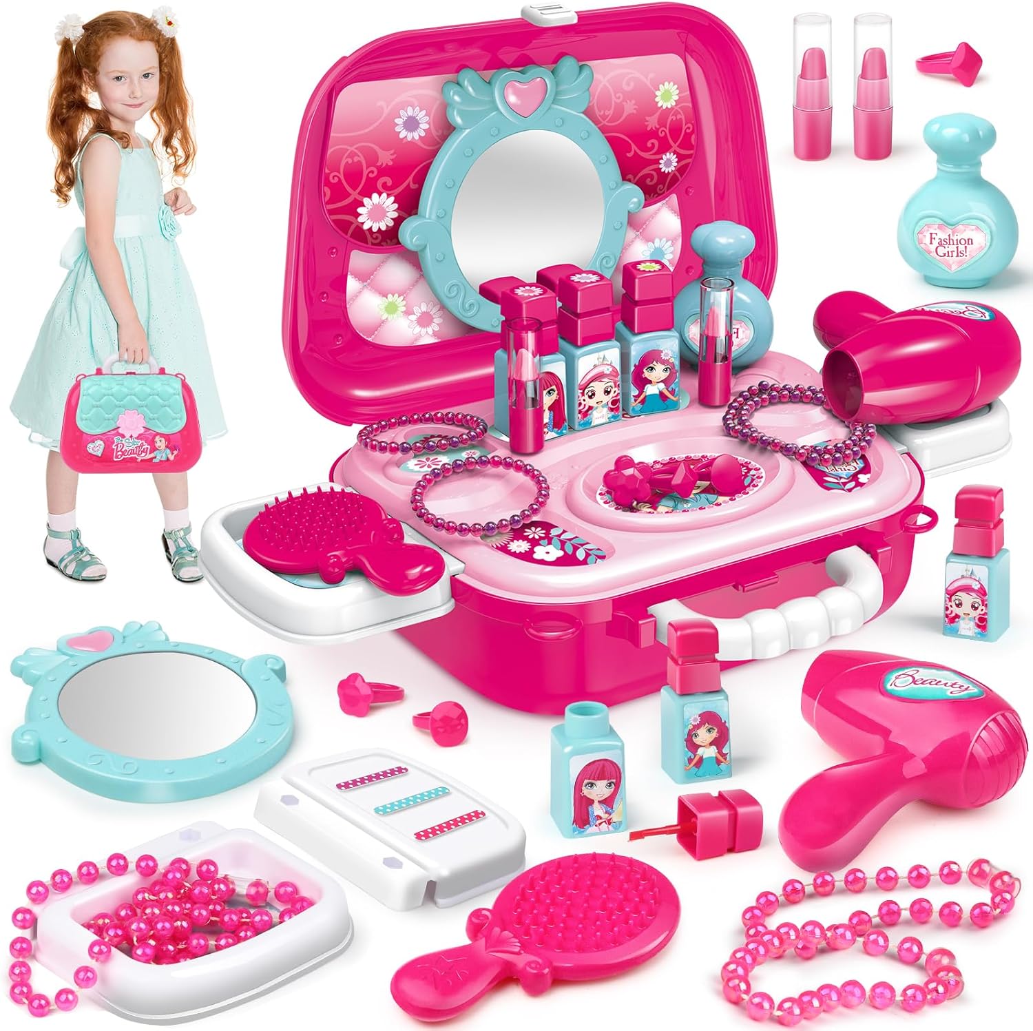 INSPIMYST Pretend Makeup Sets For 3 4 5 Year Old Girls, 2 in 1 Role Play Toys Jewellery Case Makeup Bag Mini Carry Case Portable with Bracelet Lipstick