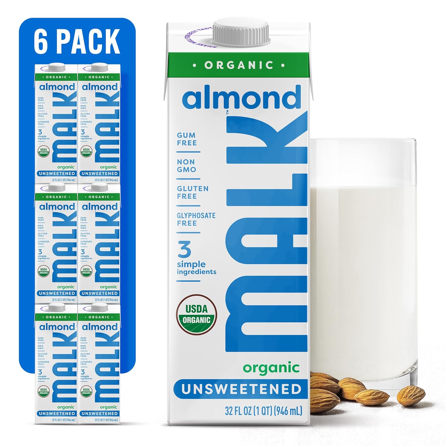 MALK Almond Milk Unsweetened (32oz, Pack of 6) - Shelf Stable Organic Almond Milk, Non GMO, Whole 30, Dairy Free, Vegan, Plant Based, No Gums or Fillers - Malk for Smoothies, Cereal, Coffee, Creamer