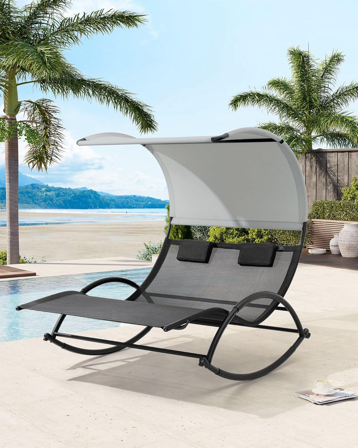 Crestlive Products Outdoor Double Chaise Lounge, Patio Swing Rocking Portable Hammock Bed Loveseat with Sun Shade & Wheels for Patio, Yard, Pool (Gray)
