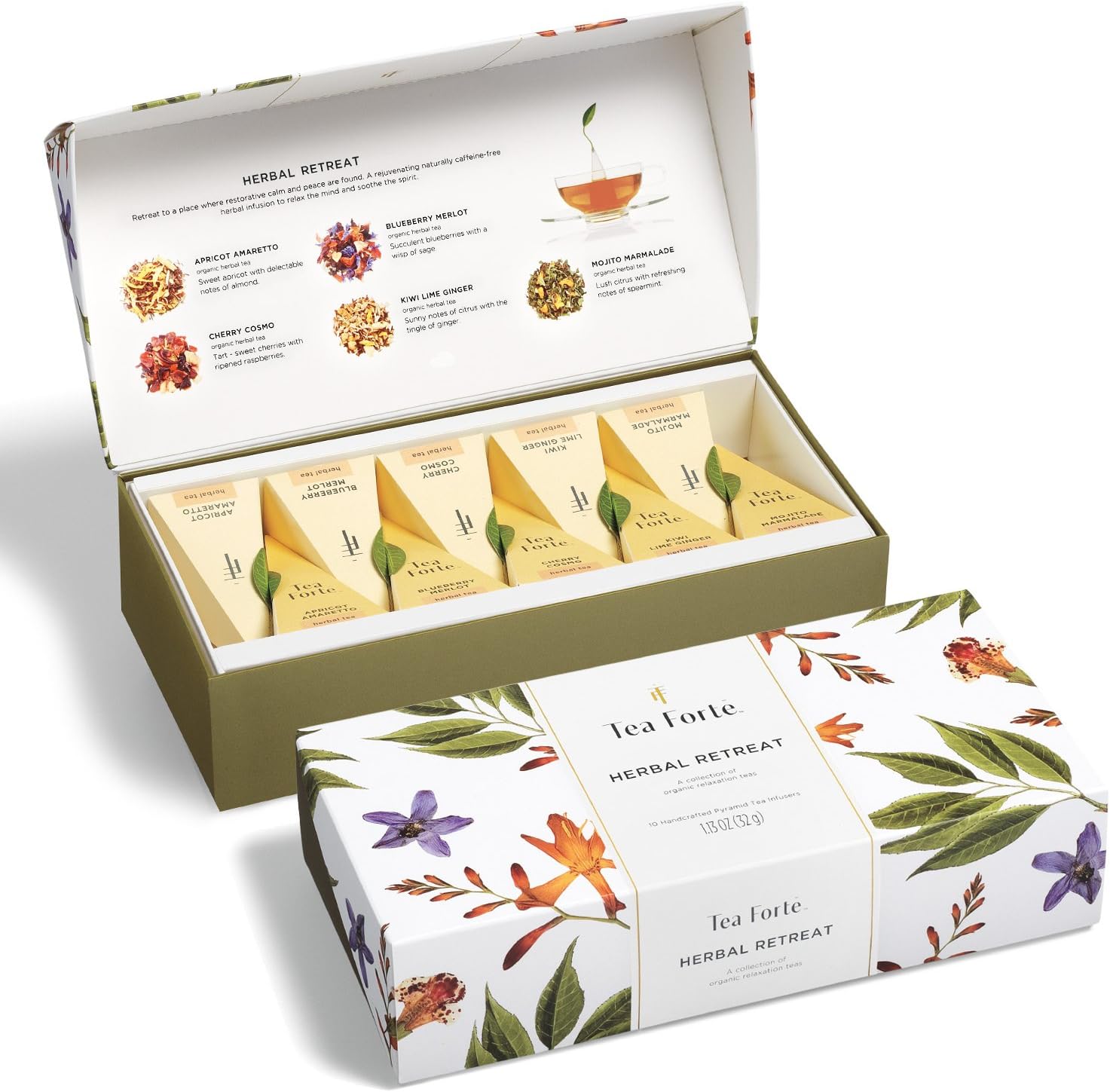 Tea Forte Herbal Retreat Petite Presentation Box Tea Sampler Gift Set, 10 Handcrafted Pyramid Tea Bag Infusers, Caffeine Free Herbal Tea