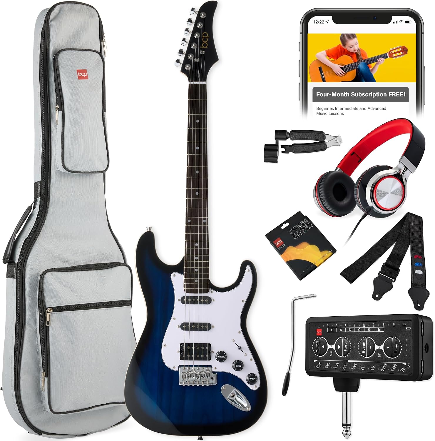 Best Choice Products Beginner HSS Electric Guitar Kit w/Headphone Amp, Padded Gig-Bag, Headphones, Guitar Strap - Hollywood Blue/White