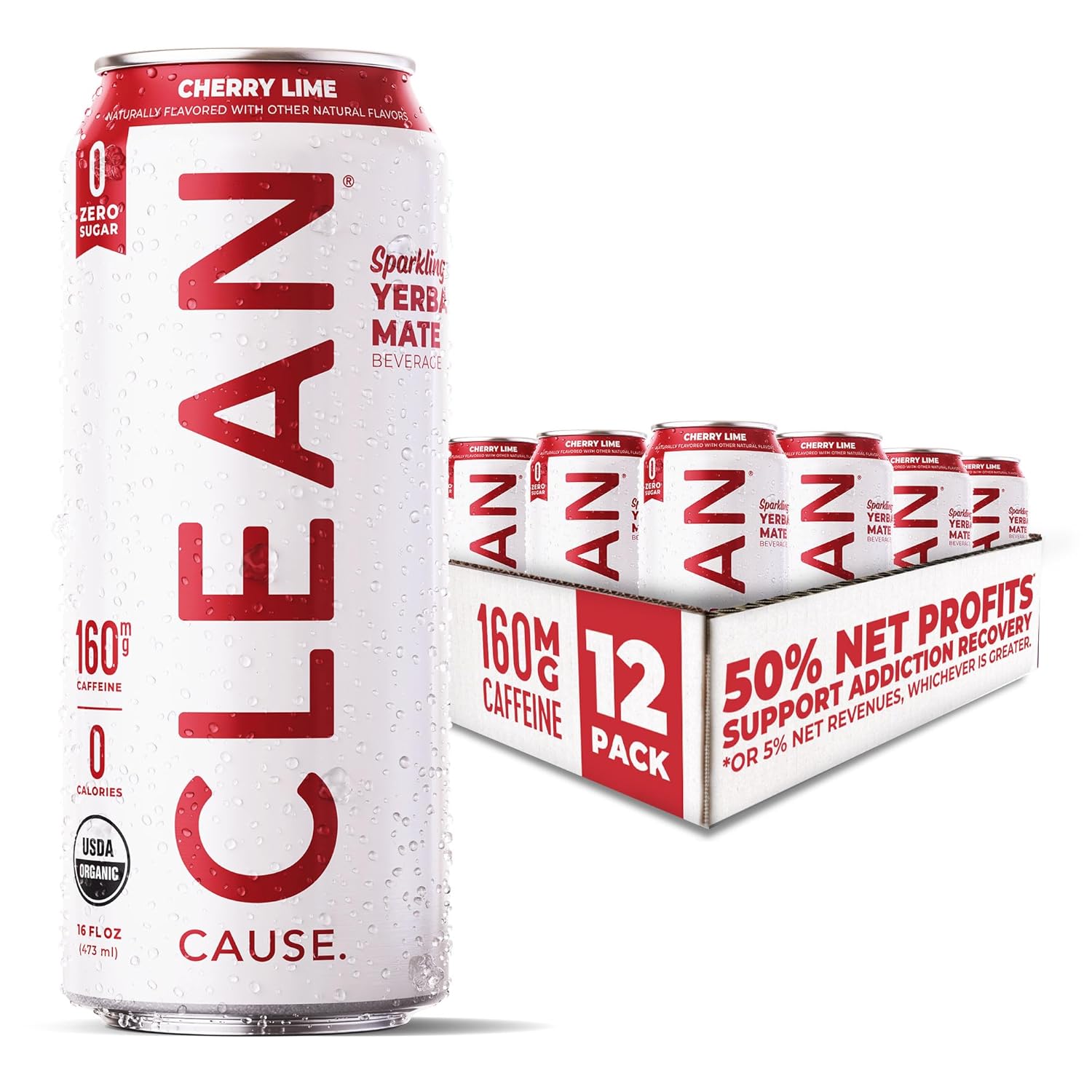CLEAN Cause Zero Calorie Zero Sugar Cherry Lime Yerba Mate, Organic Energy Drink Alternative (16oz cans, 12-Pack Case) Zero sugar, Keto Friendly, 160mg Caffeine, Healthy Alternative to Soda & Energy Drinks.