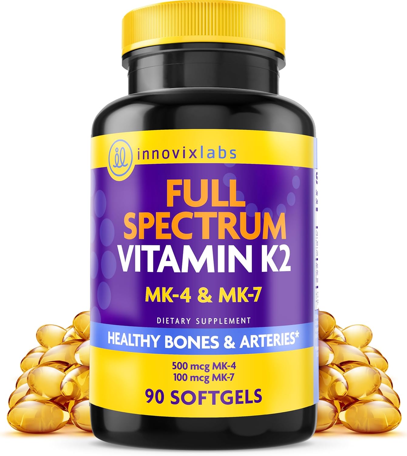 InnovixLabs Full Spectrum Vitamin K2-90 Softgels with 600 mcg of Trans Form MK7 and MK4 - Supports General Health and Bone Strength - Soy and Gluten Free K2 Vitamin Supplement