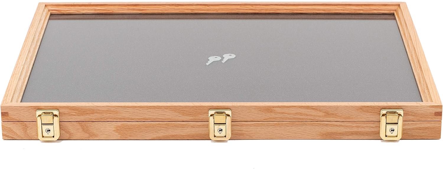 Two Timbers Extra Large Display Case with Oak Finish Handmade Wood Box with Glass Top, Arrowheads, Knives, Rocks, Pins, Collectibles, Collections, Medals, Military Coins 4h, Memory Box Keepsakes