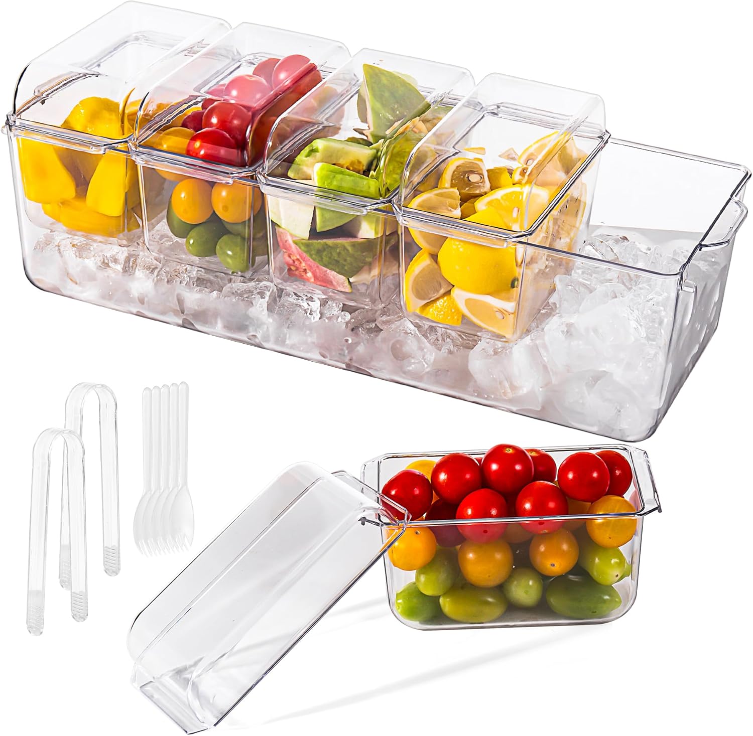 Vencier Ice-Chilled Condiment Server with 5 Removable Containers – Buffet Serving Tray with Lids, 2 Tongs & 4 Spoons – Cold Food Platter for Salad Bar, Fruits, Pizza Toppings & Party Snacks