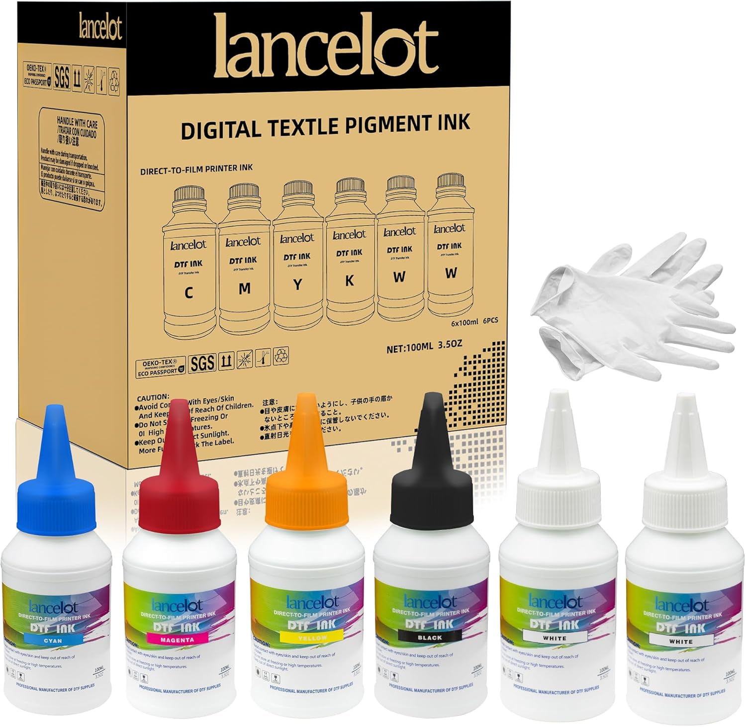 Lancelot DTF Ink 600ML-Vibrant & Durable PET Film Transfer Ink for DTF Printer, Epson Printers Epson ET-8550, XP-15000, L1800, L805, R1390, R2400 for Heat Transfer Printing 100ml(100ml*6,CMYK+2W)
