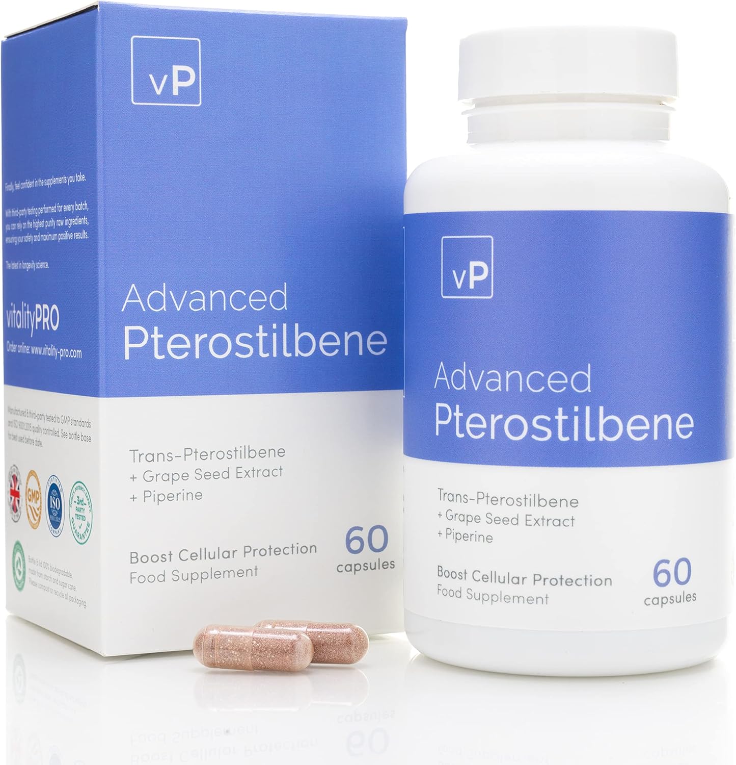 vP Vitality Pro Advanced Pterostilbene 60 Capsules - Third Party Tested Over 98% Purity - Trans-Pterostilbene Supplement - Vitality Pro
