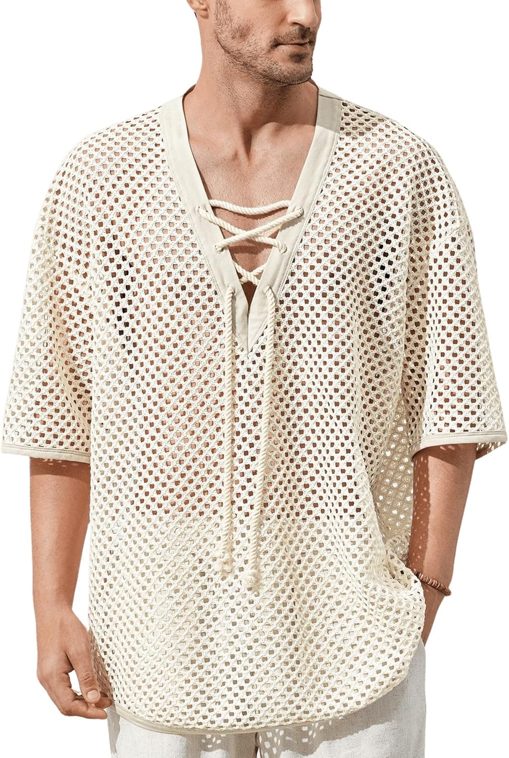Verdusa Men's Hollow Out Lace Up V Neck Half Sleeve Shirt Vacation Hipple Knitted Tops