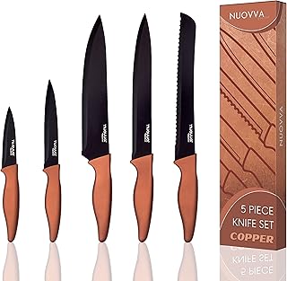 nuovva Sharp Kitchen Filleting Knives – 5pcs Copper Kitchen Knives – Black Non Stick Blades