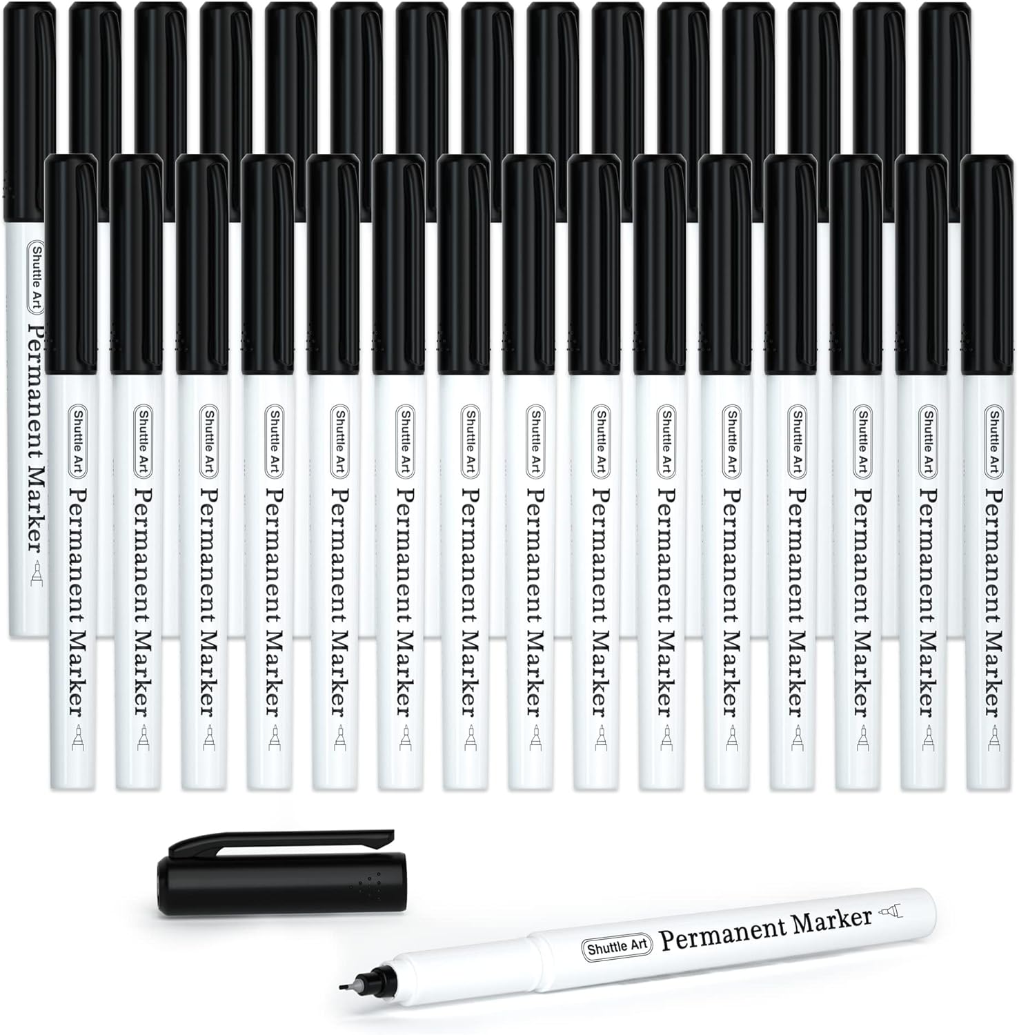 Shuttle Art Black Permanent Marker, 30 Pack Black Ultra Fine Point Permanent Marker Set, Works on Plastic,Wood,Stone,Metal and Glass for Doodling, Marking