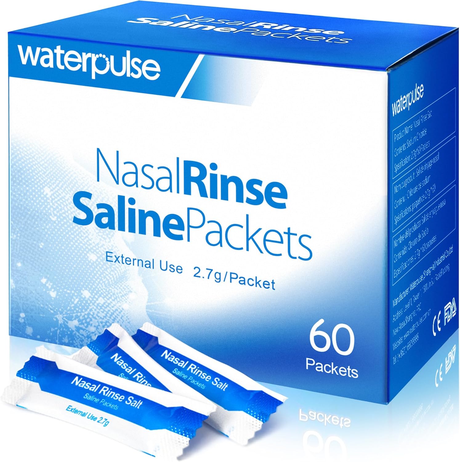 Waterpulse Nasal Rinse Salt Packets for Sinusitis, Allergies and Cold Relief - 60 Individually Wrapped Packets