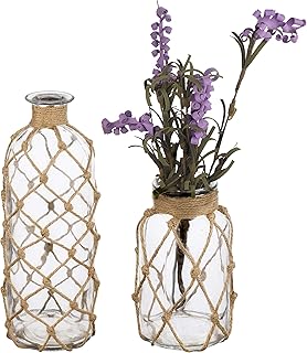 MyGift Coastal Style Decorative Glass Bottles with Rope Wrapping, Decorative Flower Vase, Set of 2