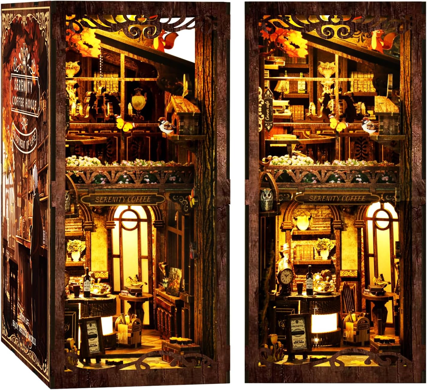 MAKEASY Book Nook Kit with LED Lights, 3D Wooden Puzzle DIY Miniature House Kit for Adults to Build, Creative Bookshelf Insert Decor, Unique Gift for Book Lovers (Serenity Coffee House)