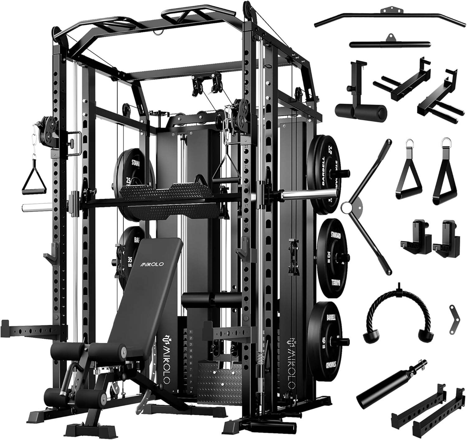 Mikolo Smith Machine with Weight Stack, Power Cage Home Gym System with LAT Pulldown & Cable Crossover, Multi-Functional Trainer with Dual Pulley System, Includes 10+ Free Attachments