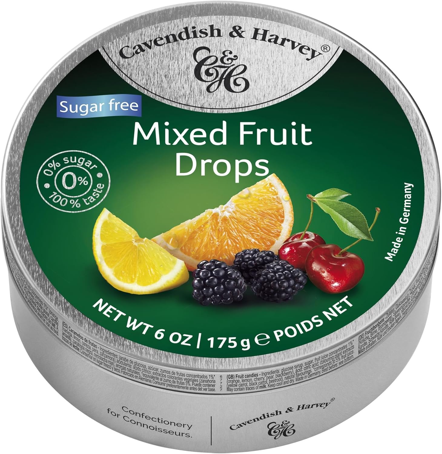 Pack of 3 Cavendish & Harvey Sugar-Free Mixed Fruit Drops in Tin – Premium Travel Sweets made with Real Fruit Juice, Vegan Friendly Confectionery Hard-Boiled Candies – Each H4 x 9.7cm Diameter, 175g