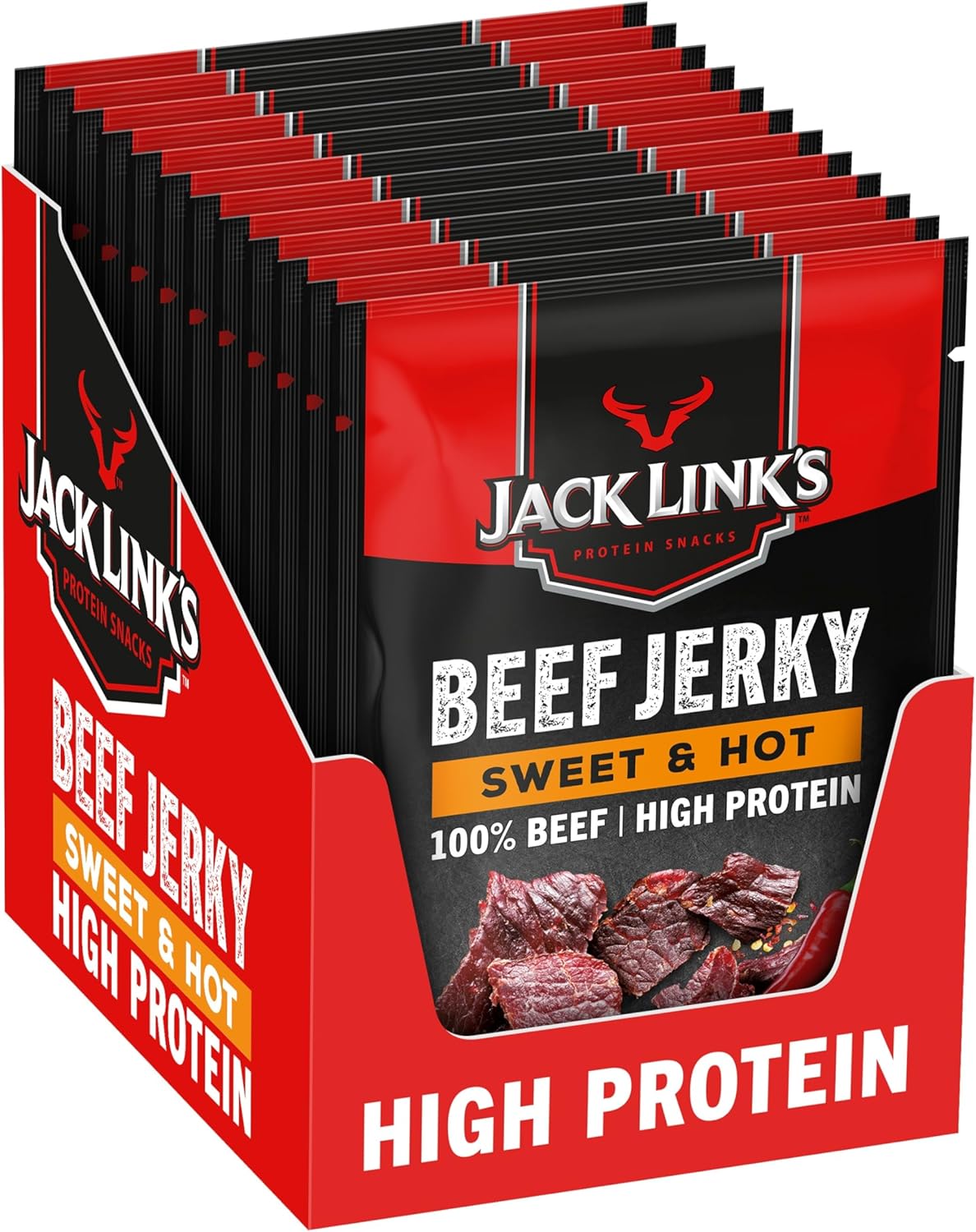 Jack Link's Beef Jerky, Sweet & Hot Flavour, Multipack of 12 x 25g Bags, High Protein Meat Snack, Sweet Seasoning and Hot Spices