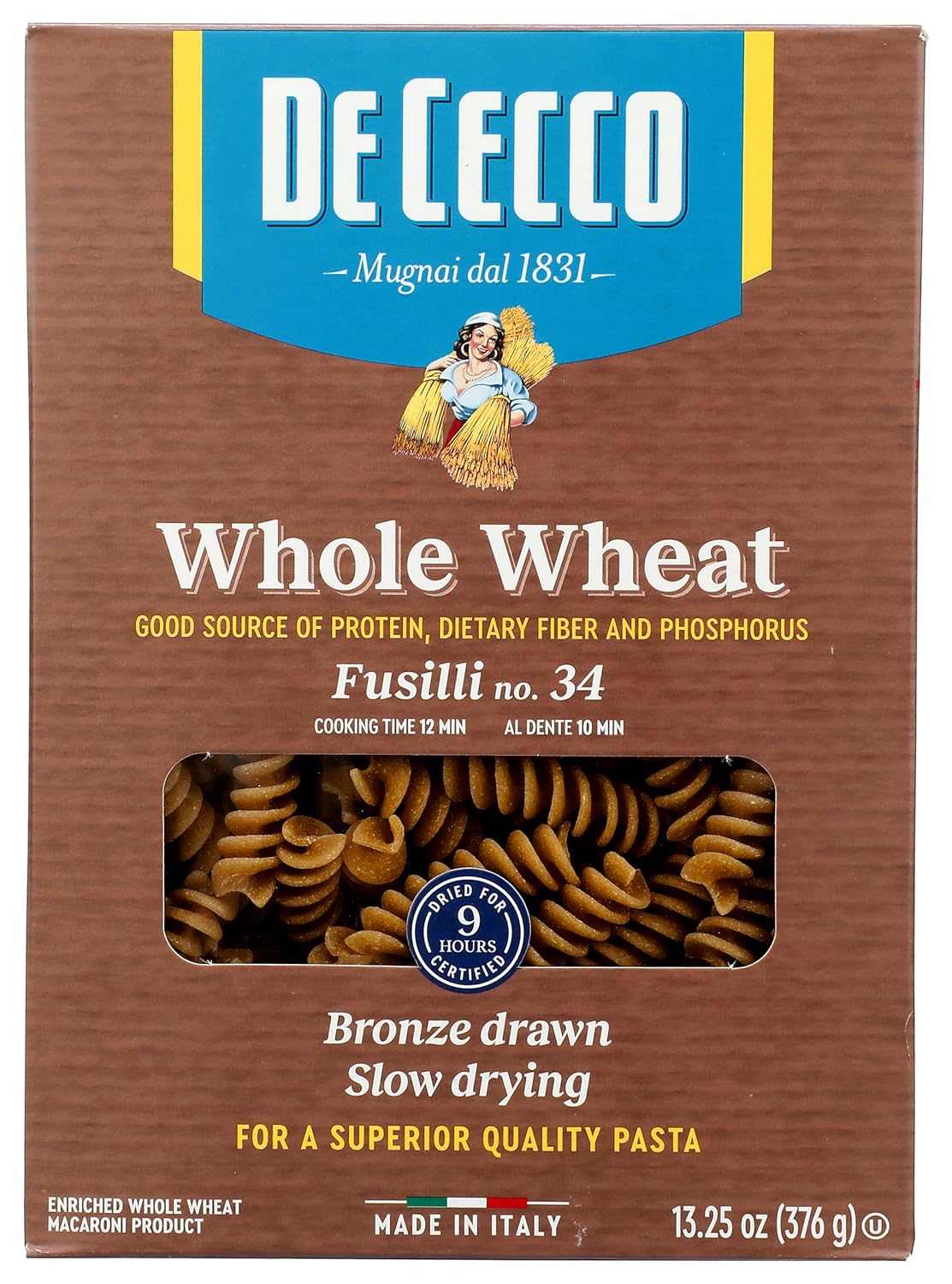 De Cecco Pasta Fusilli Whole Wheat Pasta, 13.25 oz