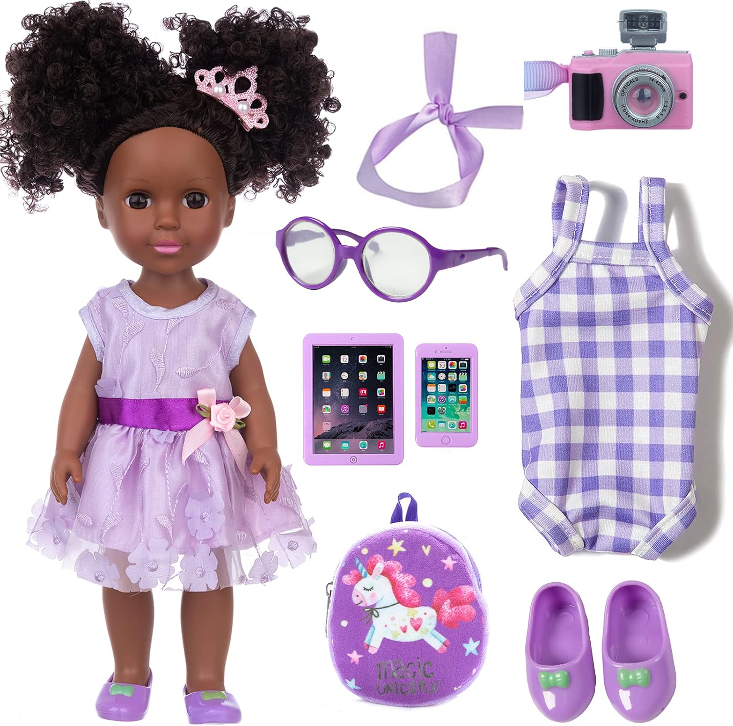 ZNTWEI 14.5 Inch Black Dolls and Black Baby Doll Clothes Accessories Including Unicorn Backpack Ipad Phone Glasses Shoes Camera Headband Hairpin