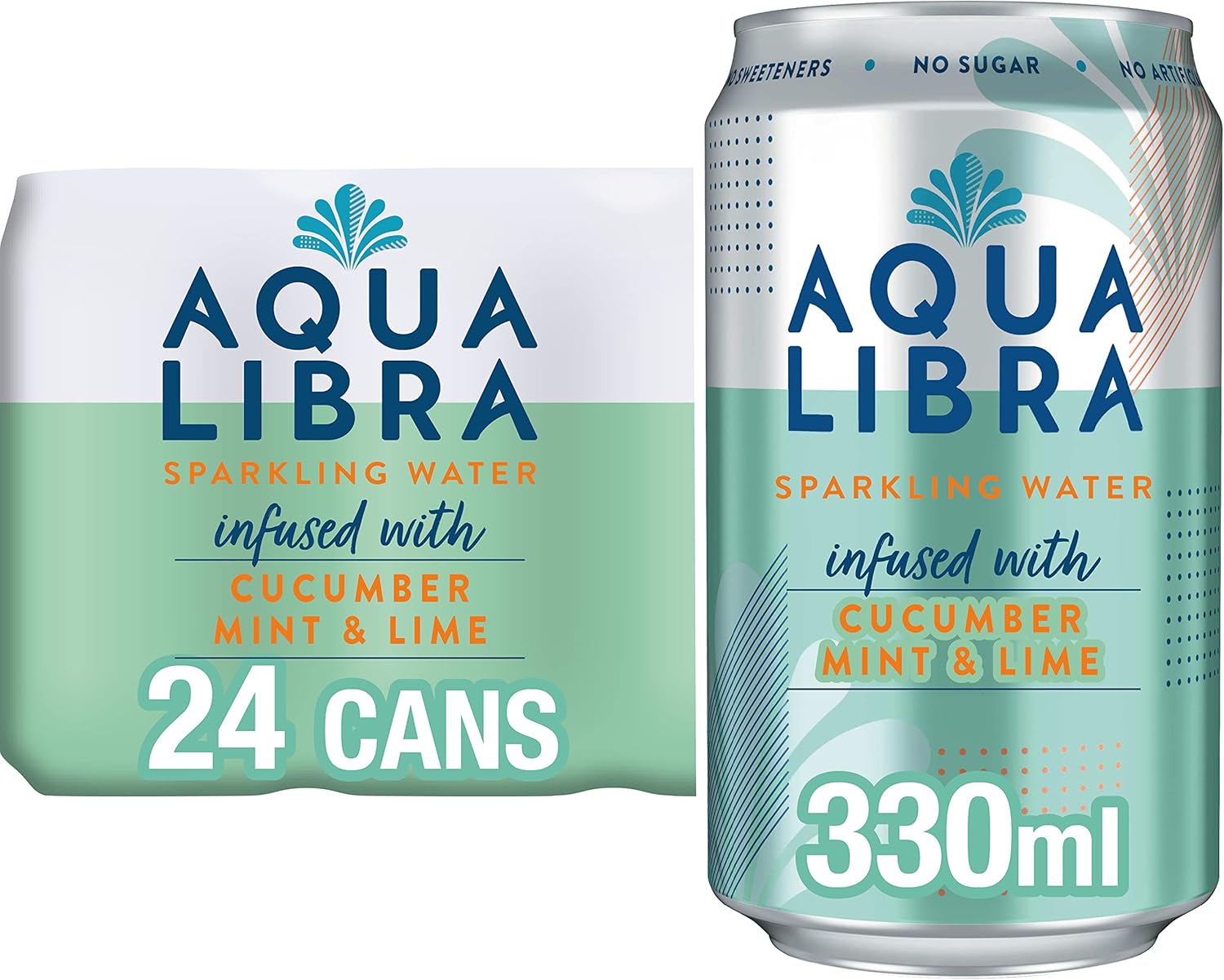 Aqua Libra Sparkling Water - Natural Flavour - No Sugar - Low Calorie - Refreshing - Cucumber, Mint and Lime - 330 ml - Pack of 24 cans