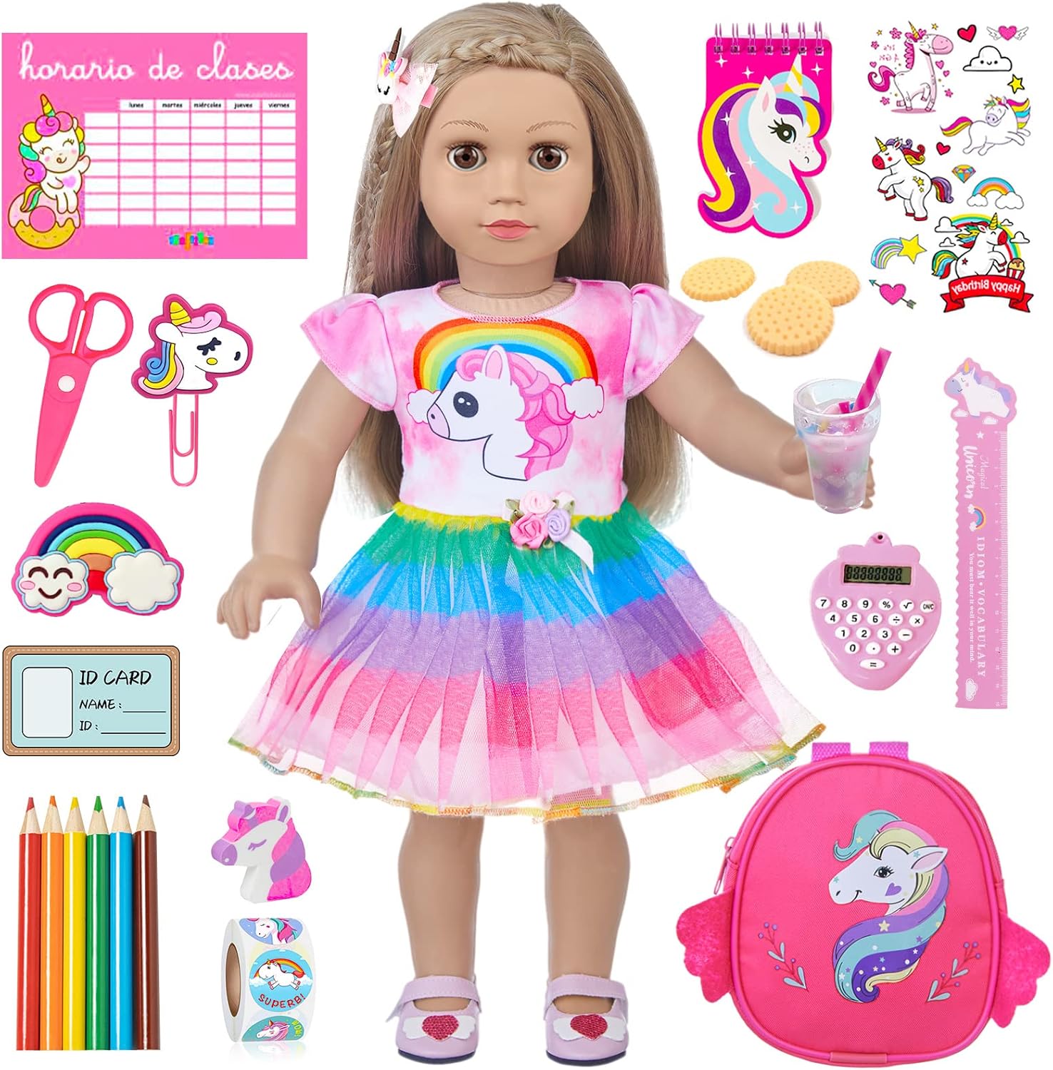 ZQDOLL 23 Pcs American Doll Clothes and Accessories School Supplies Playset for 18 Inch Doll Including Girl Doll Clothes, Bags, Student Cards, Sticker, Pencils, Calculator, Scissors, Notebook