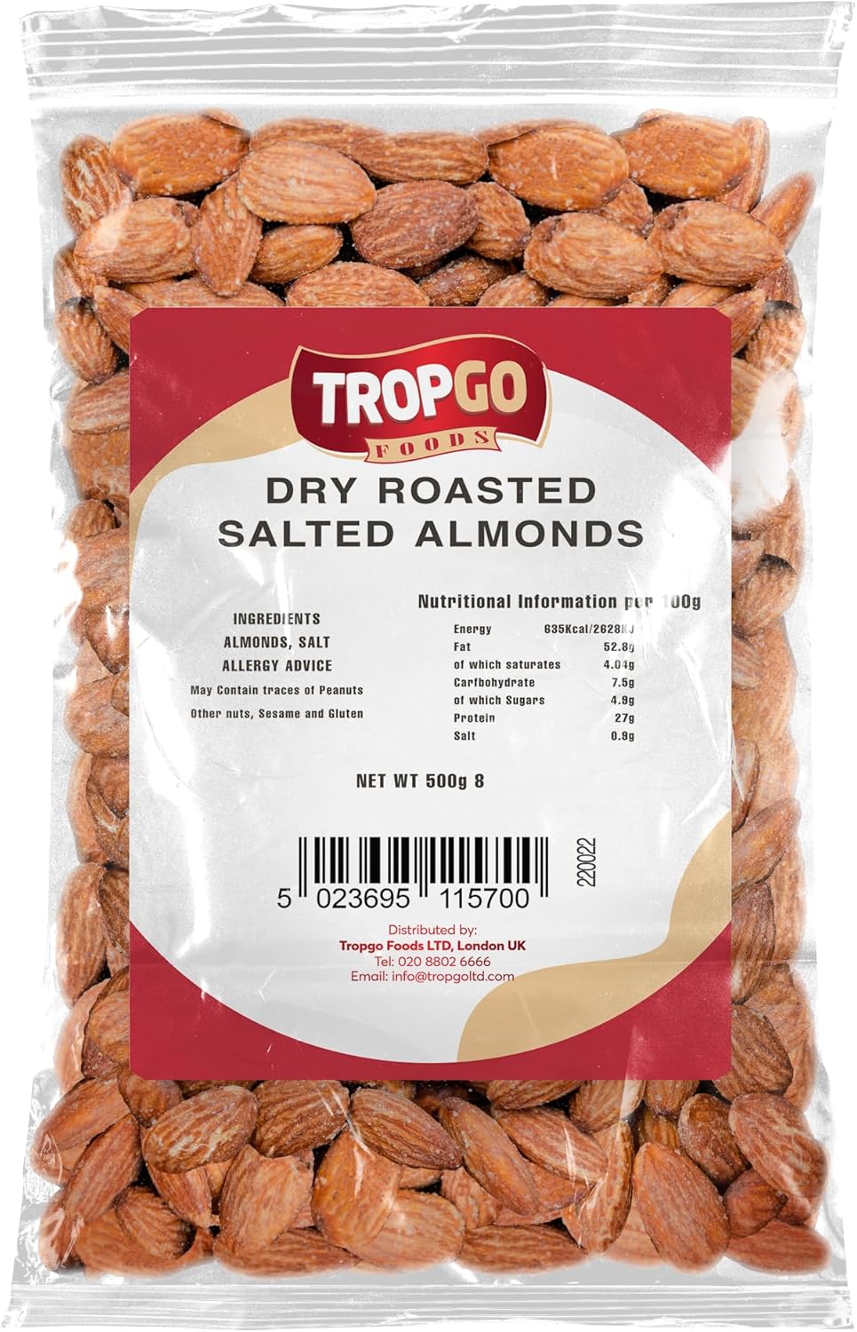 Tropgo Roasted Almonds 500g - Packed Fresh, Salted Almond Nuts with Fibre, Protein, and Minerals, Perfect for Snacking - Kosher Approved, Large Almonds - Bulk Food Buy
