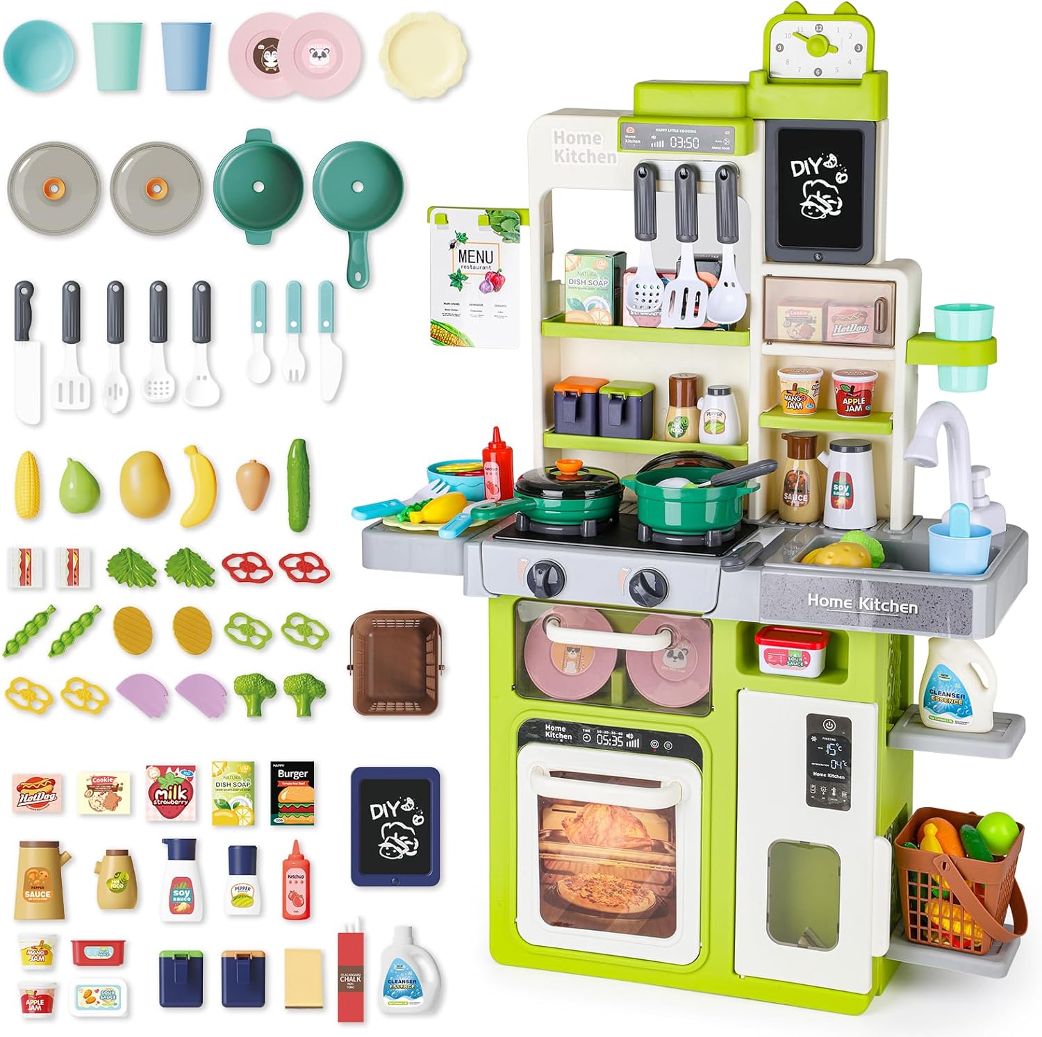 deAO Toddlers Kitchen Playset Toys, Kitchen Toys for Girls Boy, Pretend Kitchen Set for Kids with Sounds,Lights,Cooking Stove and Play Sink Toy Kitchen for 3 4 5 6 7 8 years old (Green)