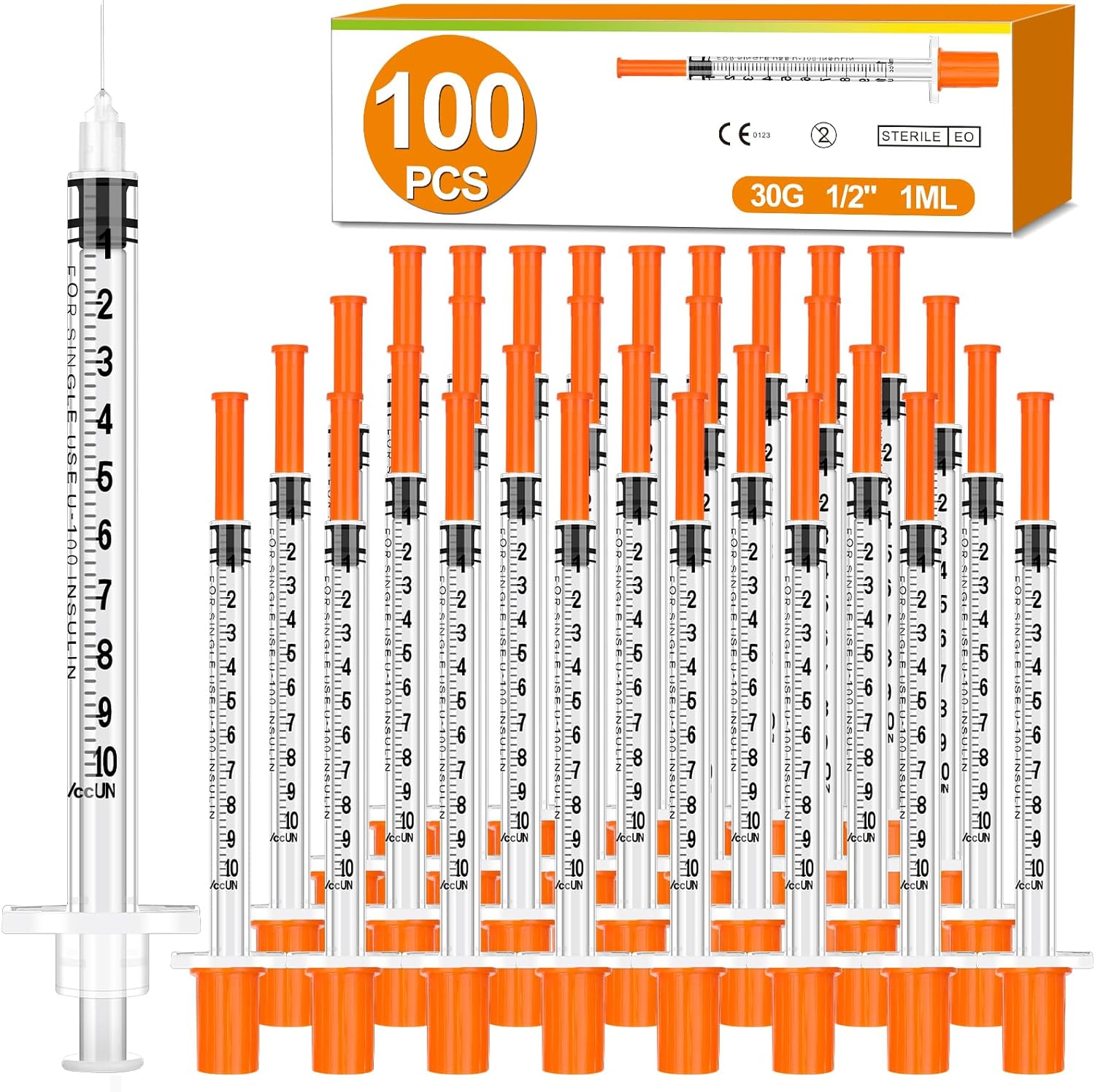 100 Pack 1ml Syringes with Needle-30Ga 0.5 Inch，Individually Sealed Packaging