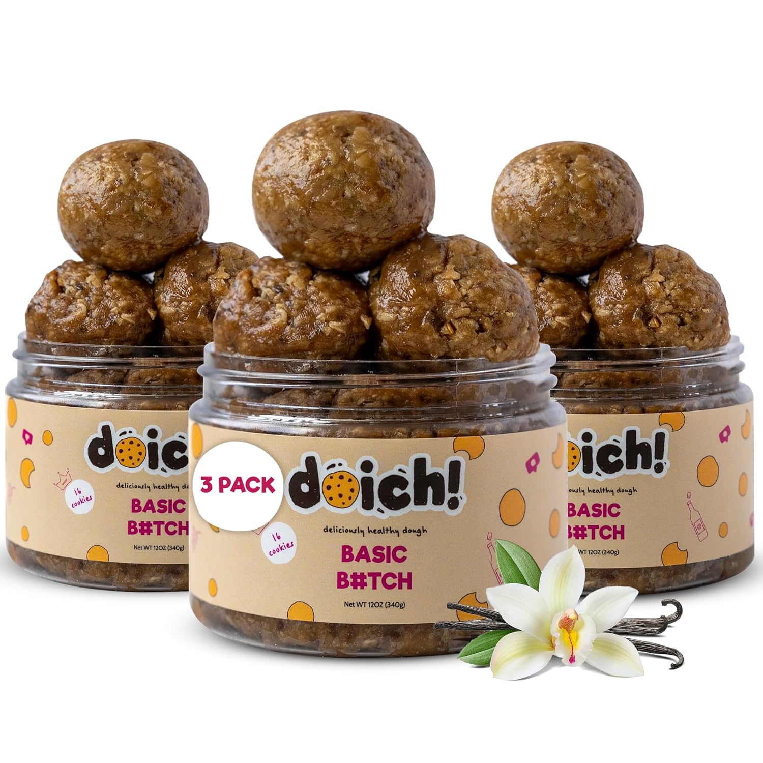 Doich Basic Batch Cookie Dough (3-Pack) Healthy Cookies - High Protein, Low Sugar Snack - Ready to Eat Baked Goods Dessert - Gluten Free, Vegan, Kosher
