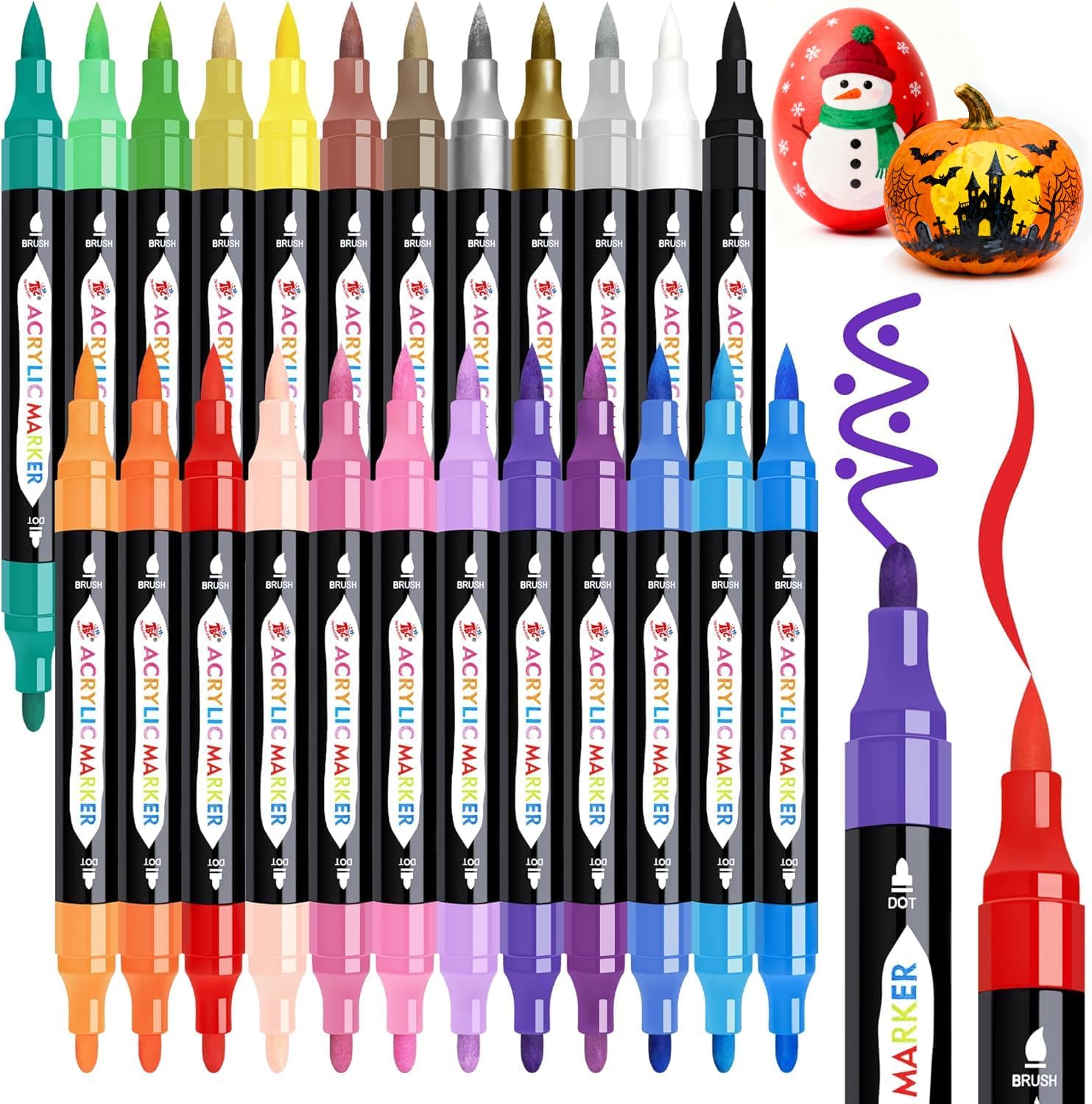 TBC The Best Crafts 24 Colors Dual Tip Acrylic Paint Markers,Waterproof, Non-Toxic, odorless, Suitable for Paper, Pottery, Stones, Backpacks, Glass, Eggs, Fabrics, Plastics, handicrafts