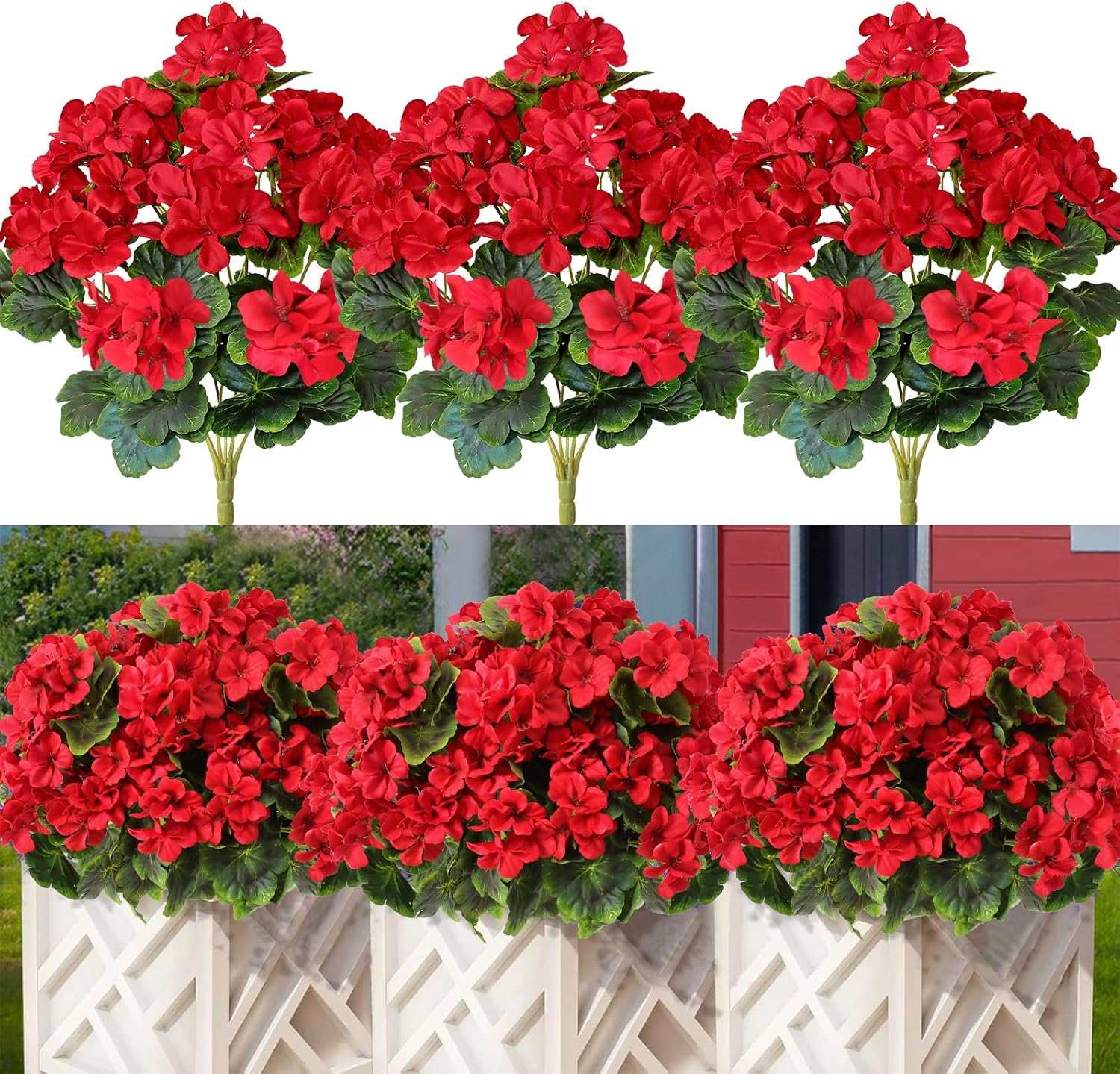Betylifoy Artificial Geraniums for Outdoors 17.3 Inch Artificial Flowers 3 Bundles Silk Flowers Fake Outdoor Flowers Artificial Plants UV Resistant for Home Garden Vase Table Centerpiece (Red)