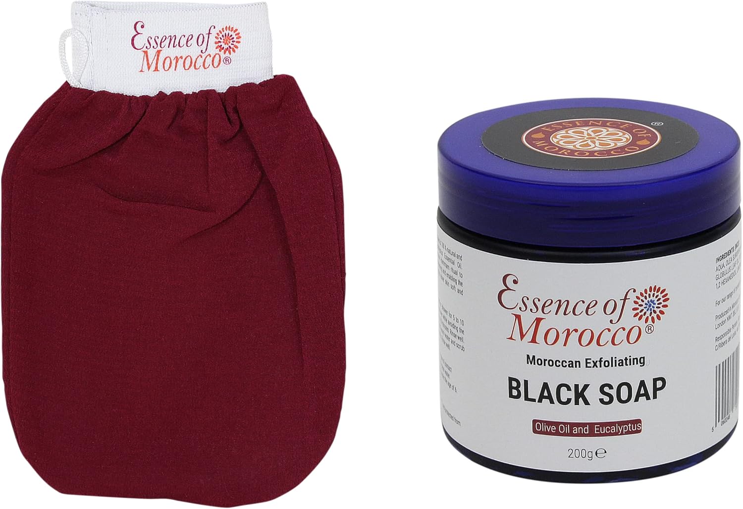 Moroccan Exfoliating Kessa Glove Scrubbing Mitt with Natural Eucalyptus and Olive Oil Black Soap Scrub Savon Noir 200g / 7 OZ Helps Cleanse Skin Remove Fake Tan and Ingrown Hair Hammam Spa Pack