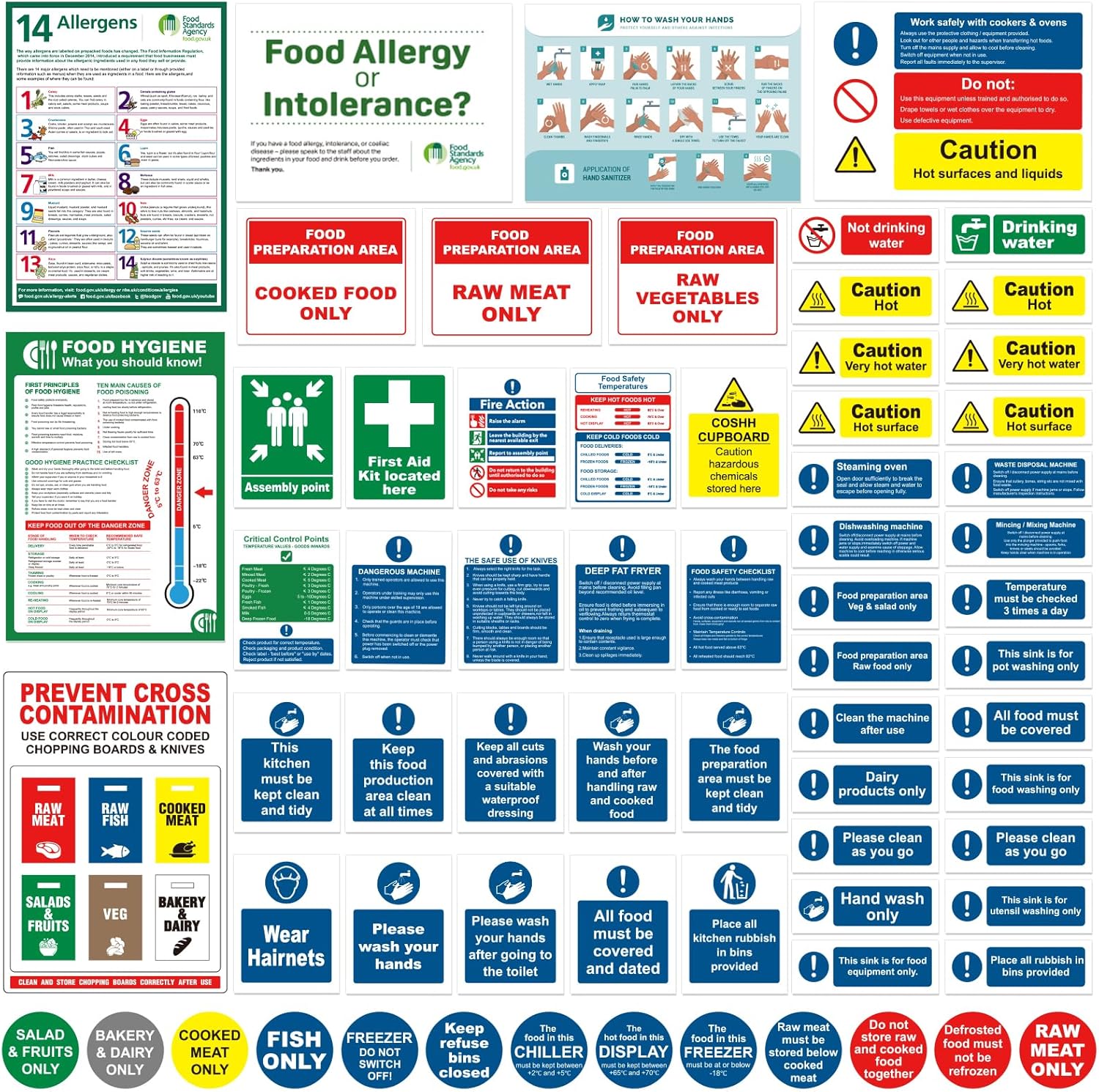 Complete Kitchen Safety Signs Set - 68 Pcs - Matte Self-Adhesive Vinyl, Waterproof and Oil-Proof - Food Hygiene Stickers, Ensure Safety and Compliance in Commercial Kitchens