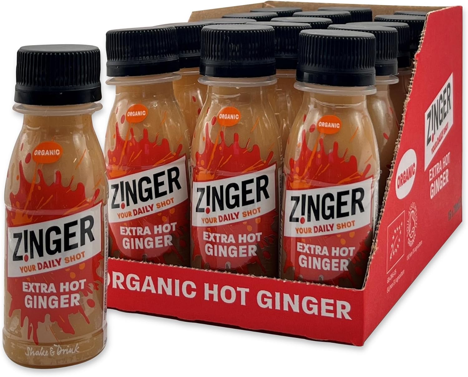 Zinger extra hot ginger shot (Pack of 15 x 70ml). Organic plant based with 27.9g pressed juice. Natural kick in a pocket-sized format no with added sugar.