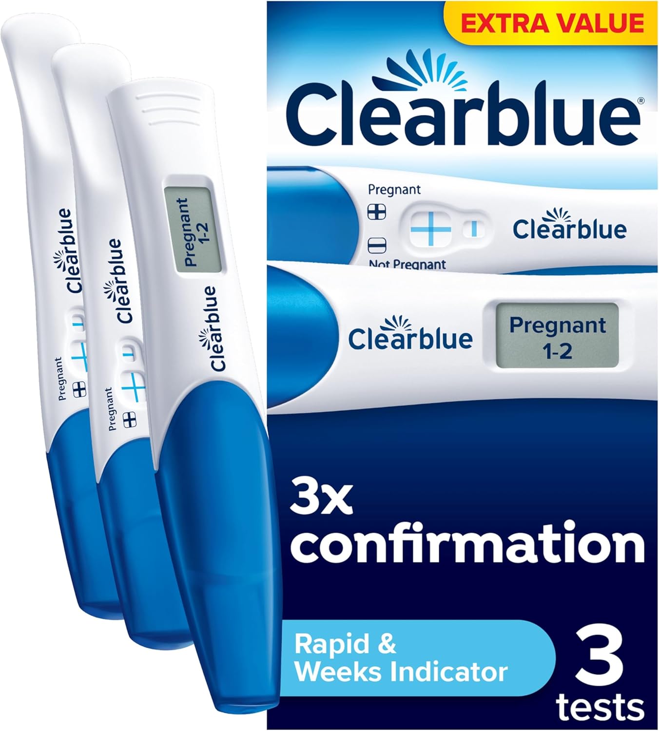 Clearblue Pregnancy Test 3X Confirmation Combo Pack, Result As Fast As 1 Minute (Visual Sticks) & Tells You How Many Weeks (Digital Stick), Kit of 3 Tests (1 Digital, 2 Visual)